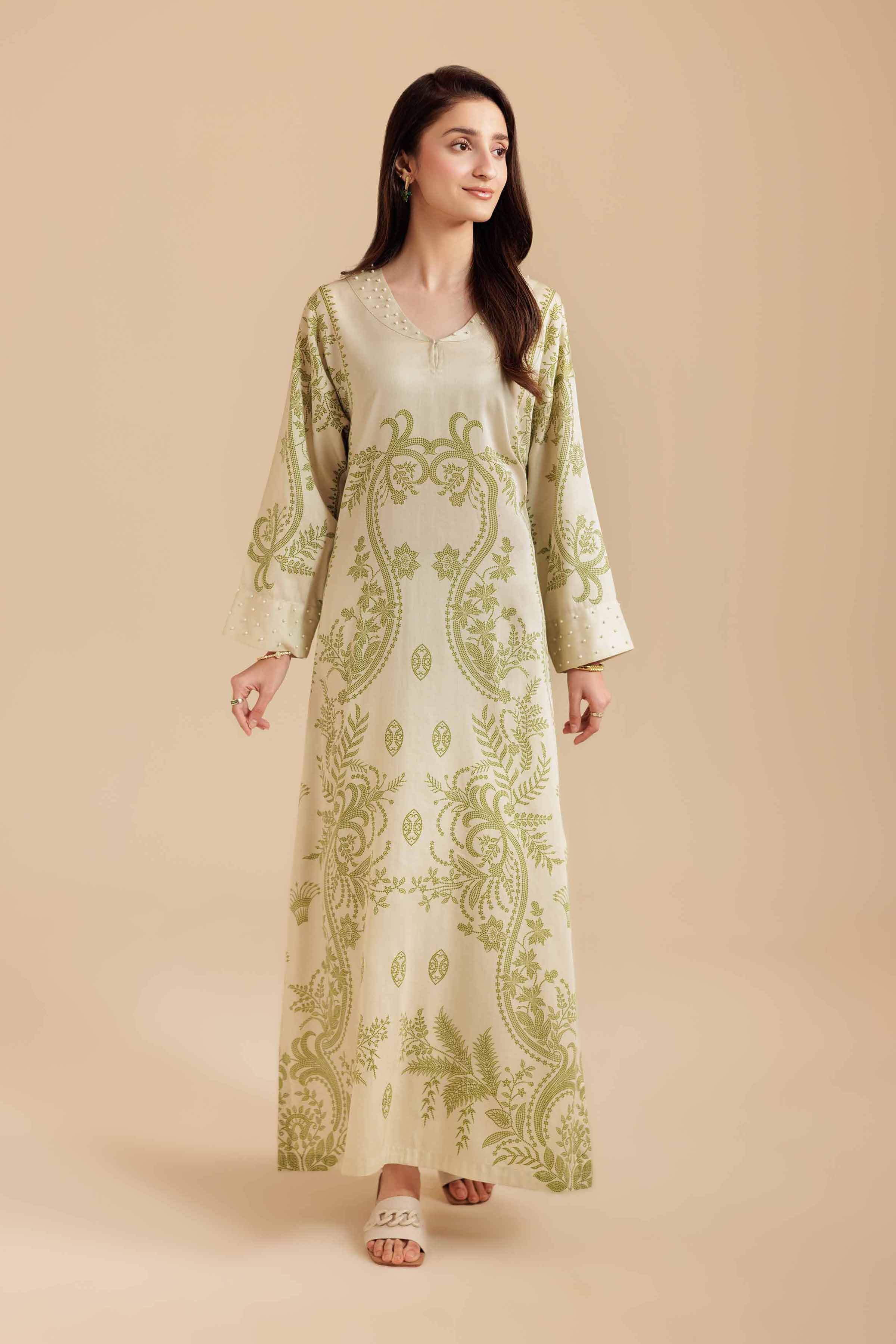 NishatUK - Sage Printed Sateen 1-piece ready to wear Long Dress