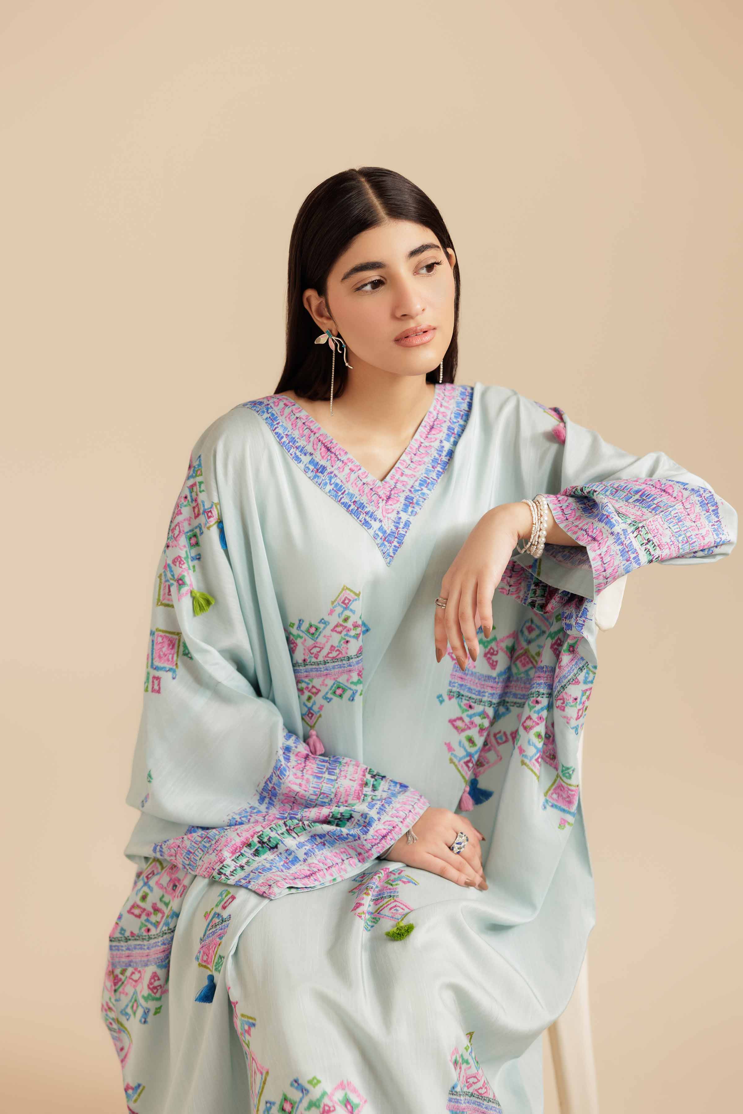 NishatUK - Sky Blue Printed Raw Silk 1-piece ready to wear Long Dress