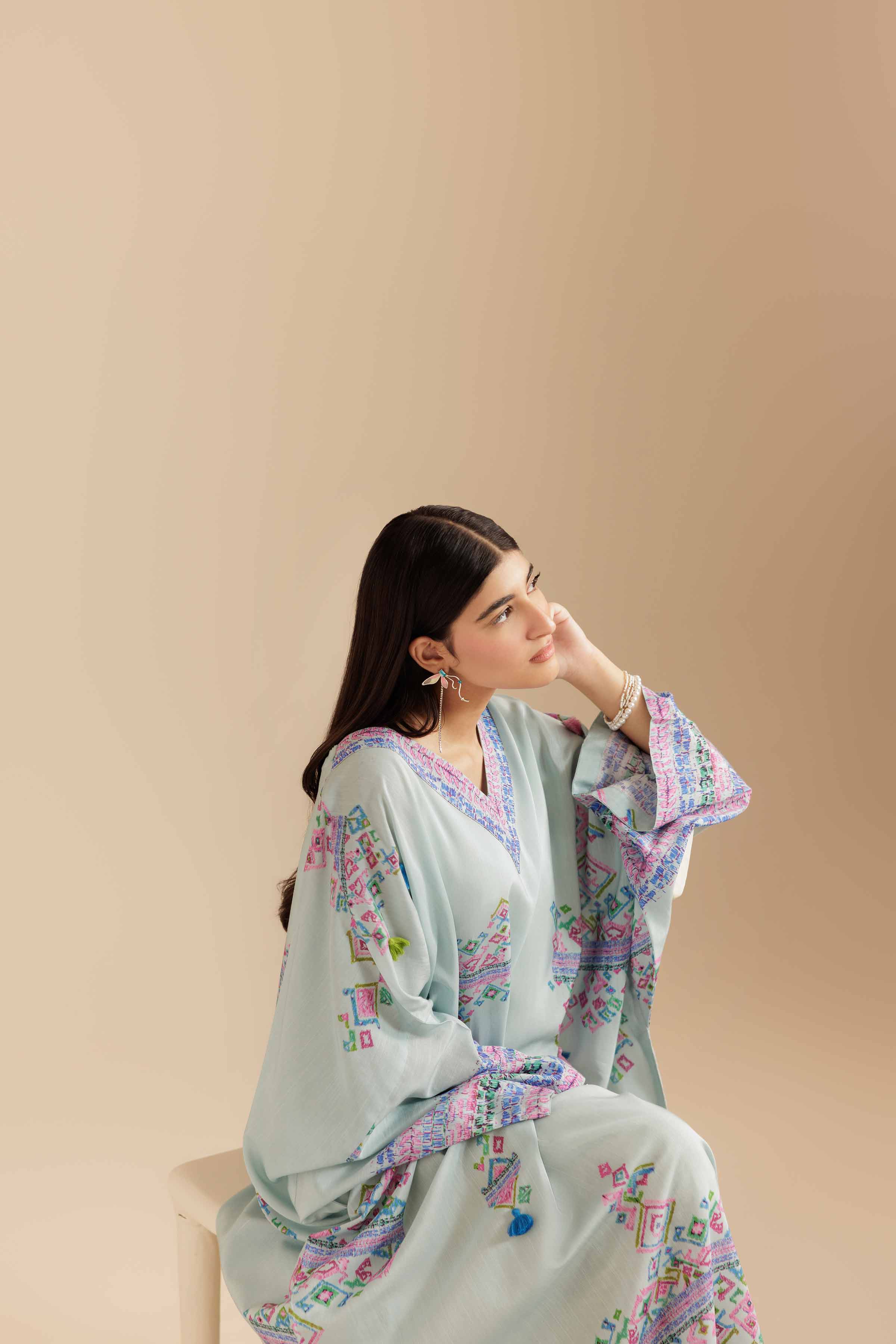 NishatUK - Sky Blue Printed Raw Silk 1-piece ready to wear Long Dress