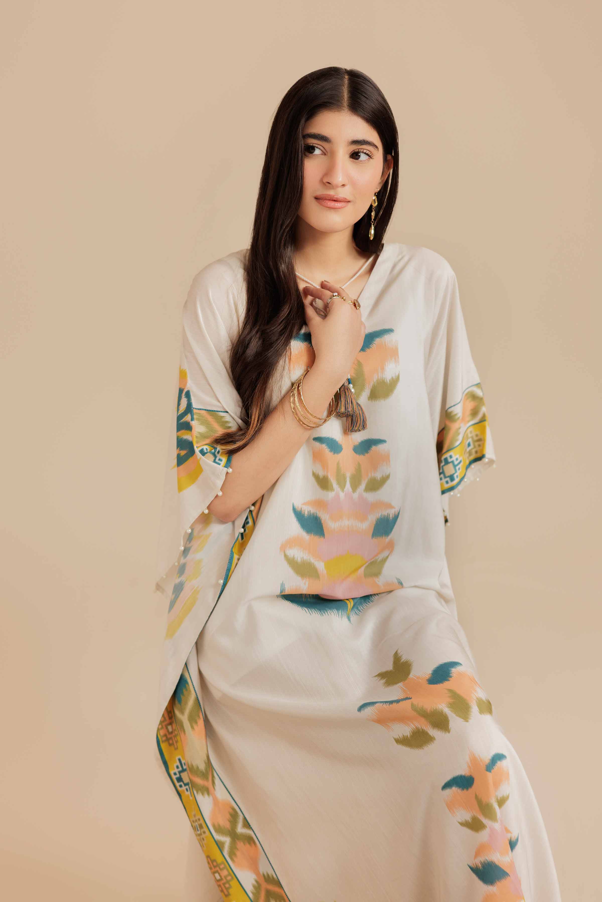 NishatUK - Beige Printed Silk 1-piece ready to wear Long Dress