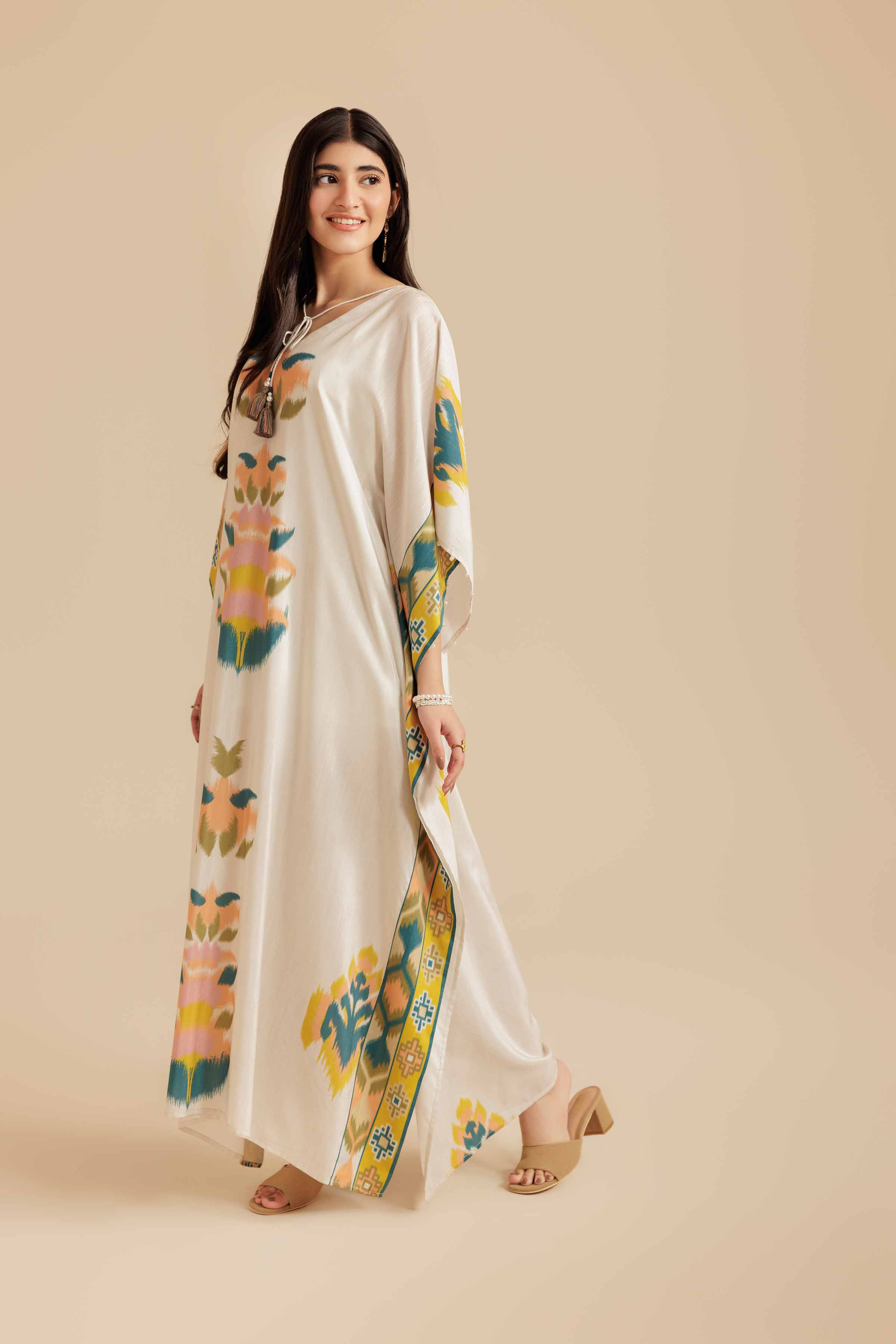 NishatUK - Beige Printed Silk 1-piece ready to wear Long Dress