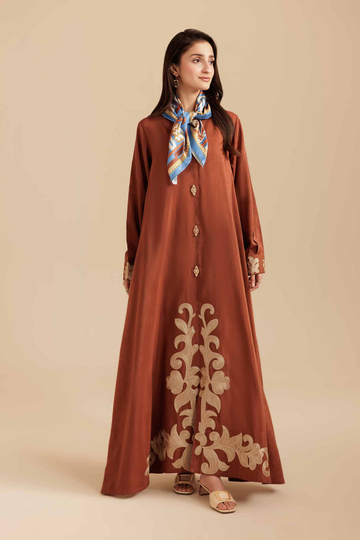 NishatUK - Rust Embroidered  Silk 2-piece ready to wear Long Dress
