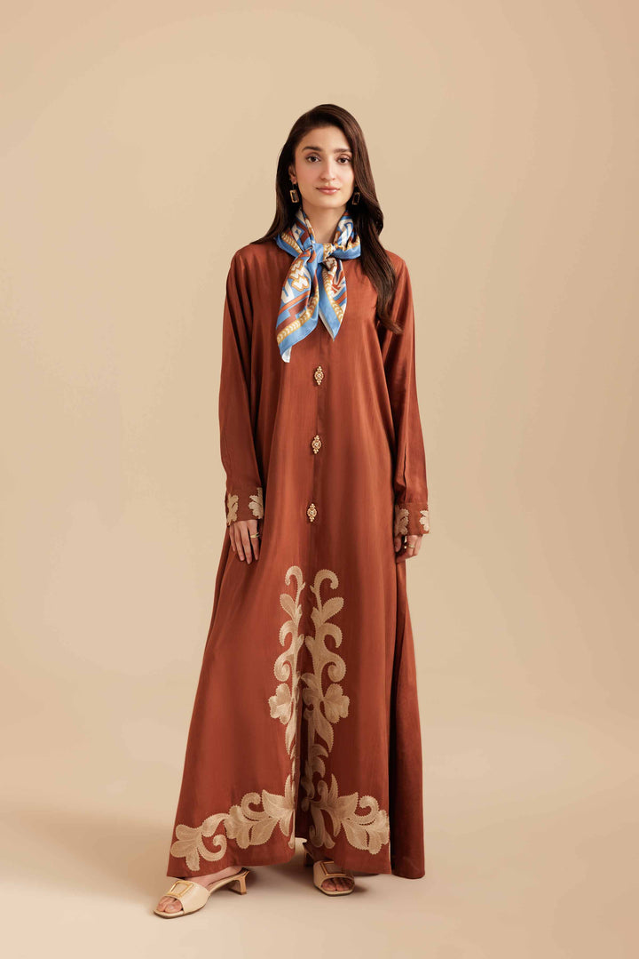 NishatUK - Rust Embroidered  Silk 2-piece ready to wear Long Dress