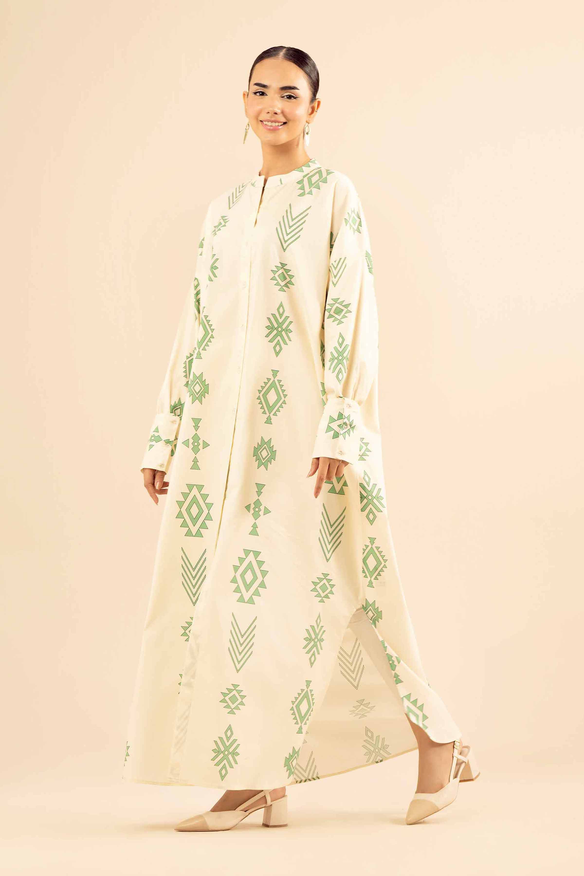 NishatUK - Beige Printed Cotton 1-piece ready to wear Fustan