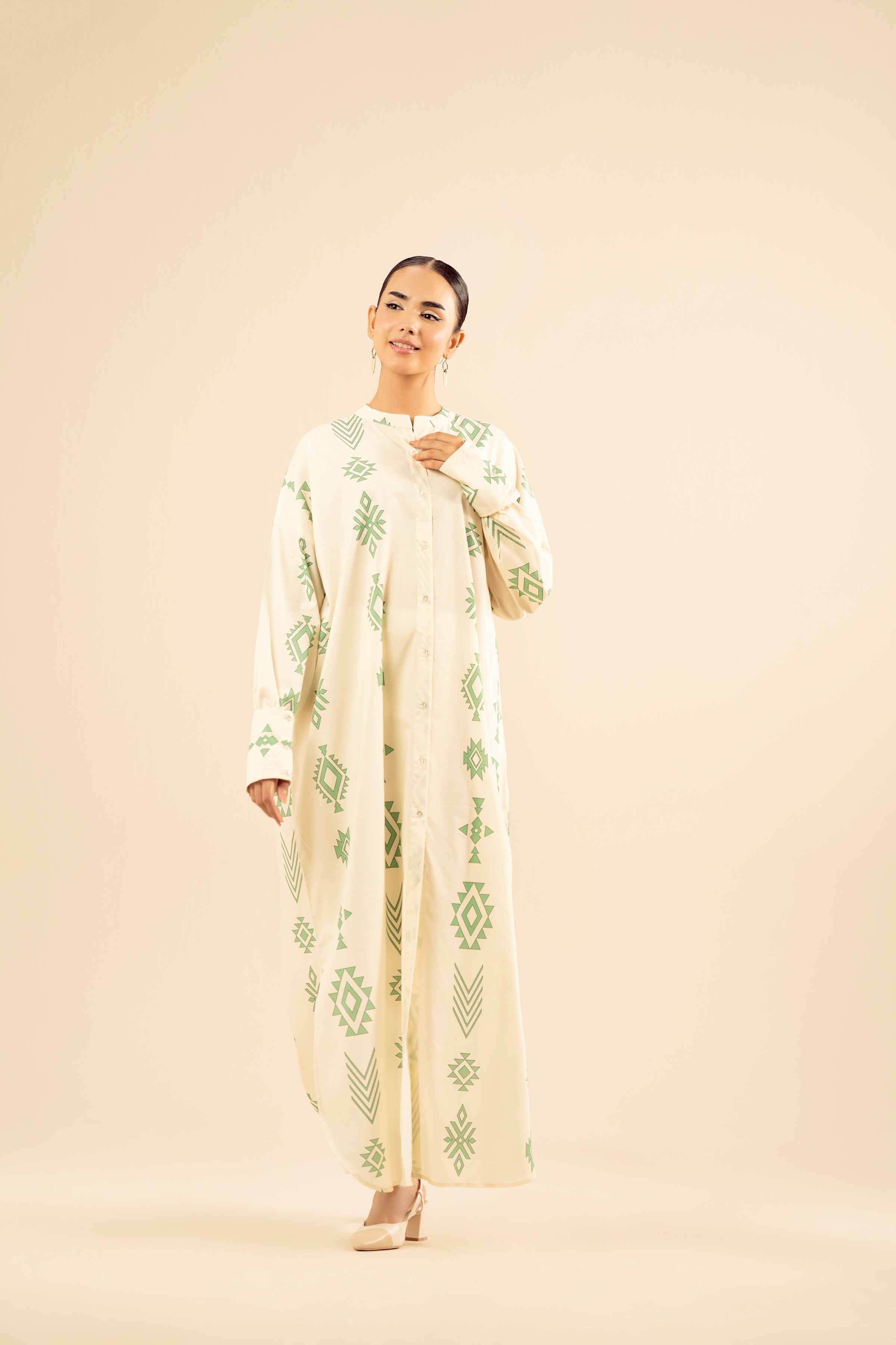 NishatUK - Beige Printed Cotton 1-piece ready to wear Fustan