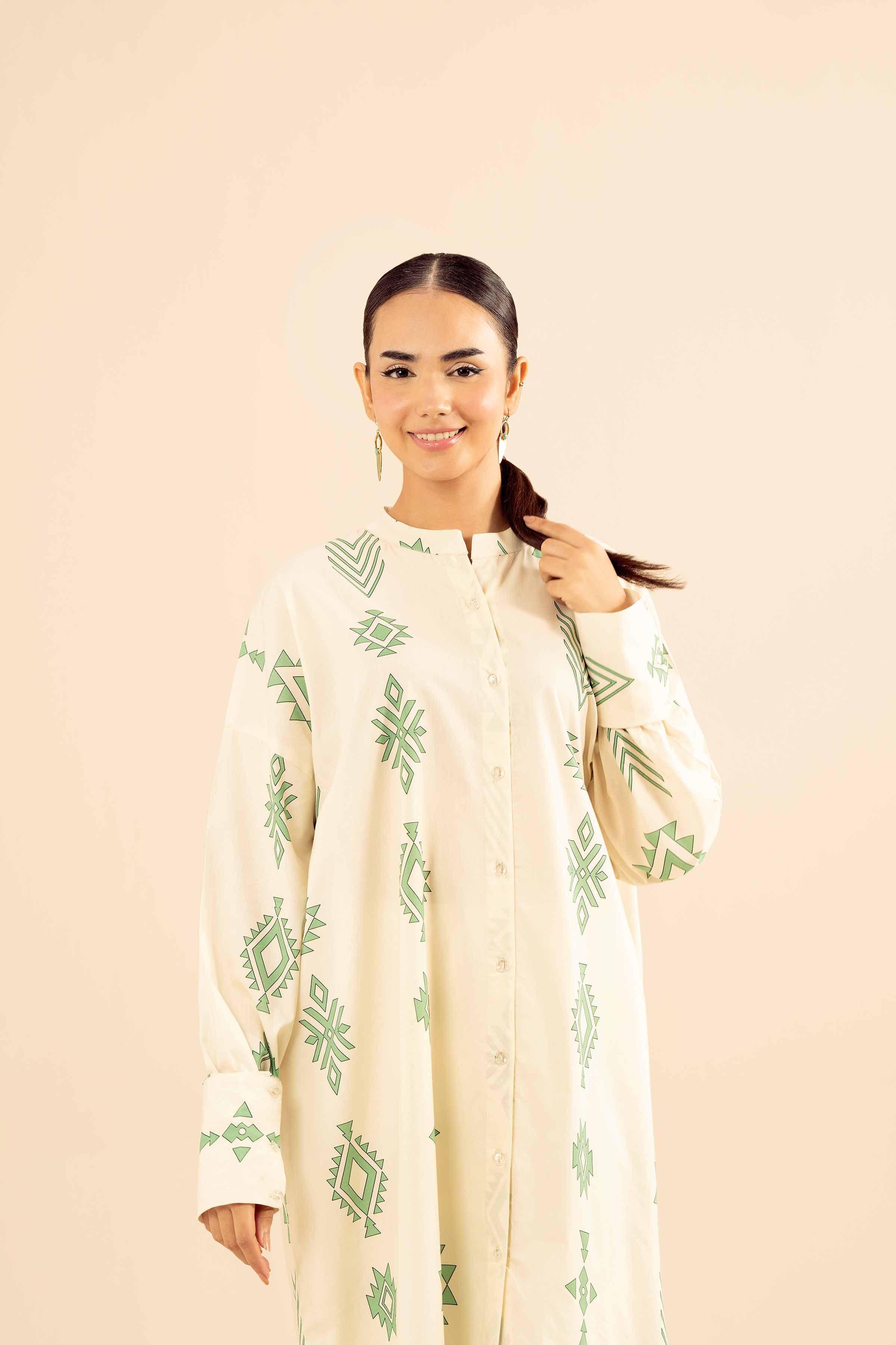 NishatUK - Beige Printed Cotton 1-piece ready to wear Fustan
