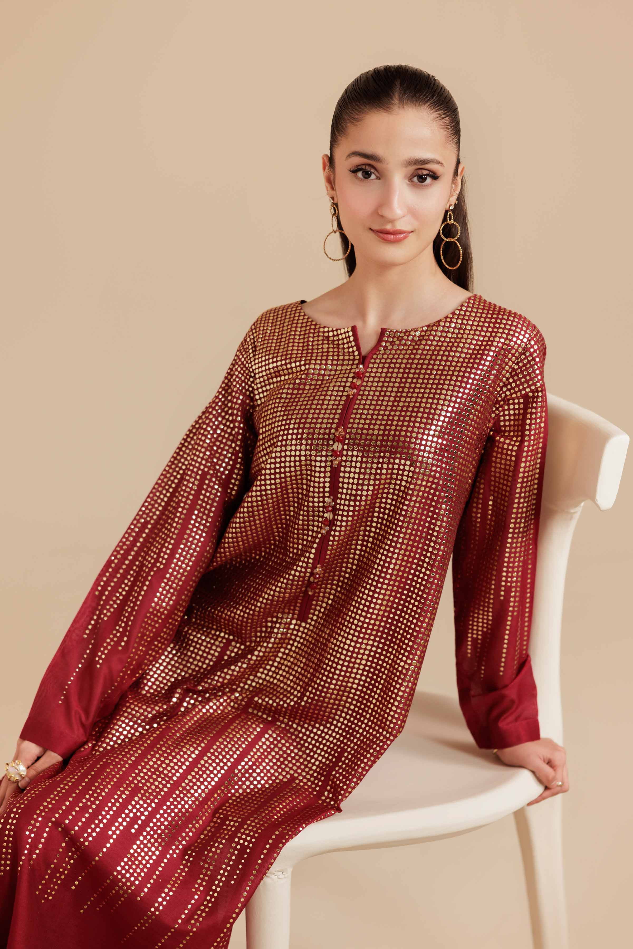 NishatUK - Maroon Solids Mukesh 1-piece ready to wear Long Dress