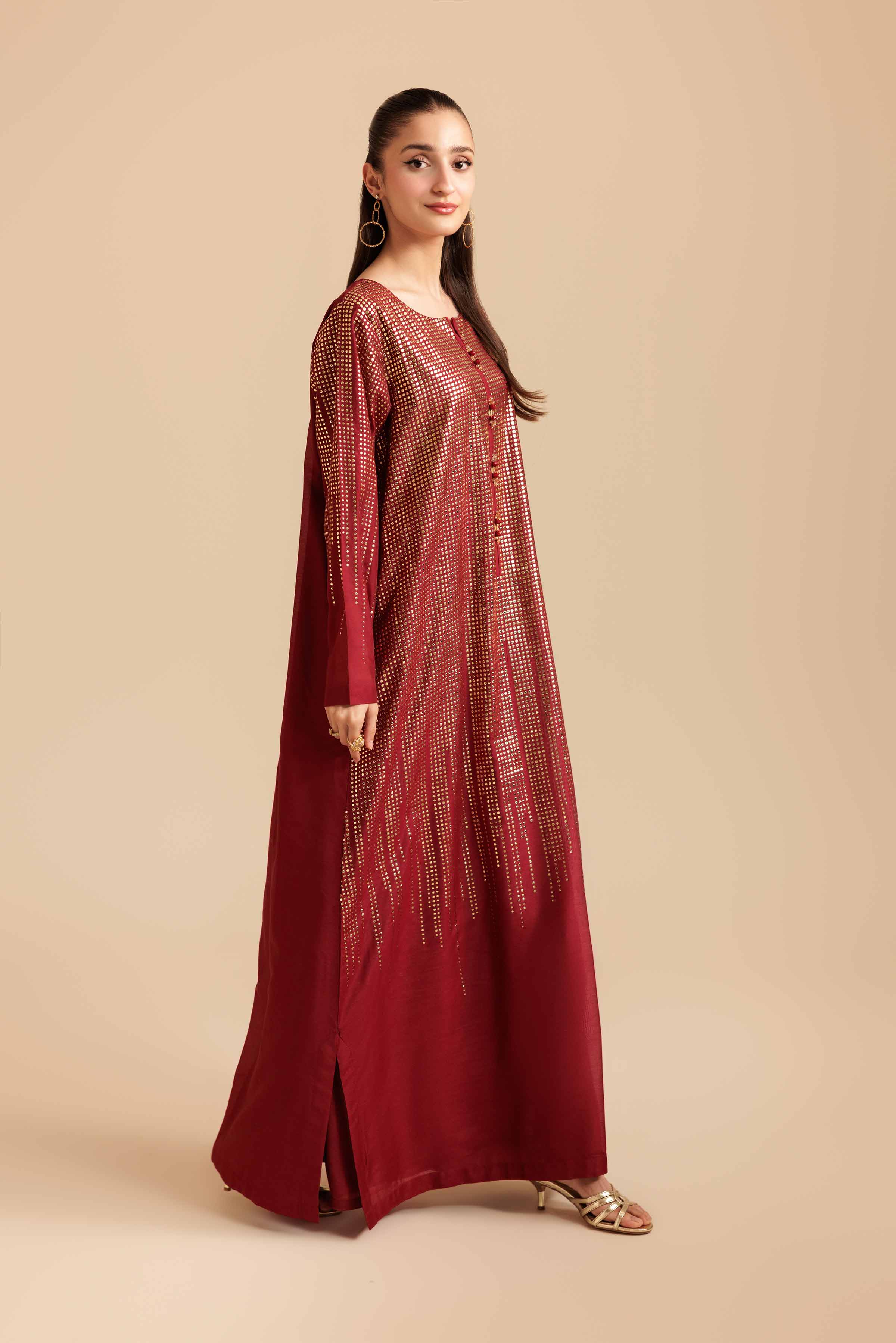 NishatUK - Maroon Solids Mukesh 1-piece ready to wear Long Dress