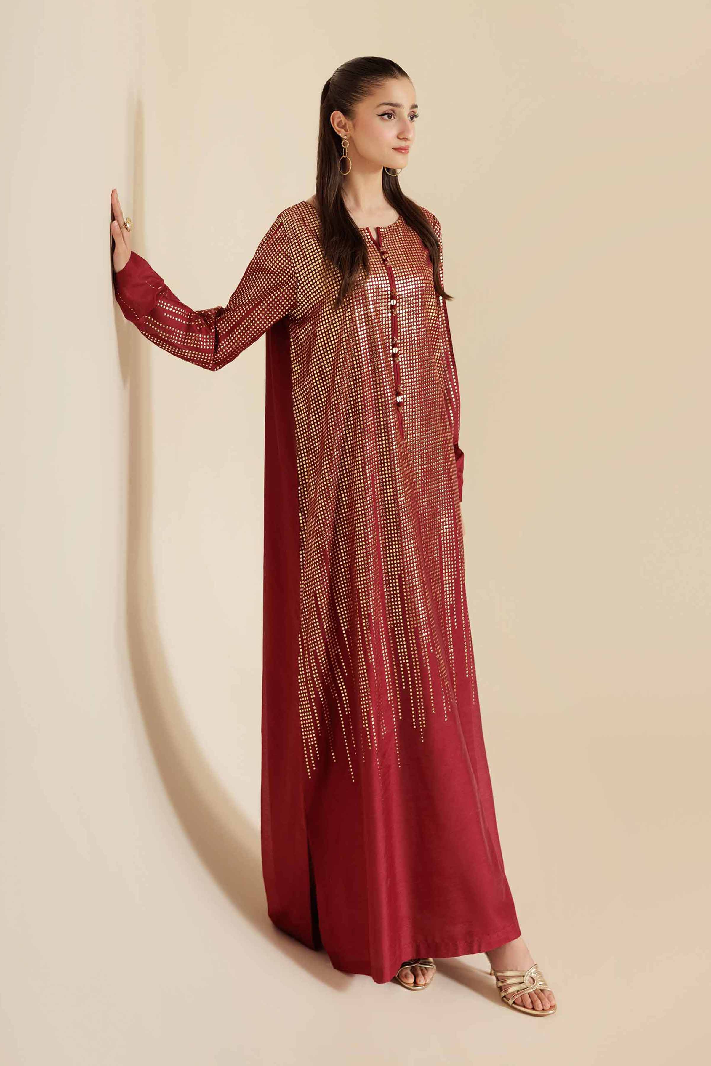 NishatUK - Maroon Solids Mukesh 1-piece ready to wear Long Dress