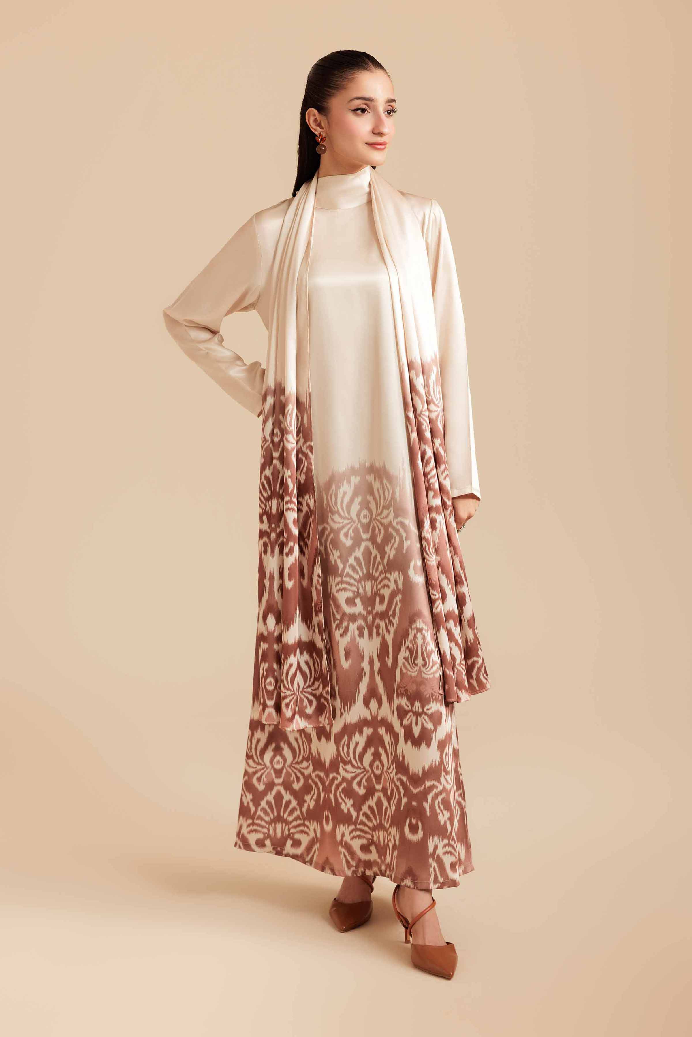 NishatUK - Brown Printed Silk 2-piece ready to wear Long Dress