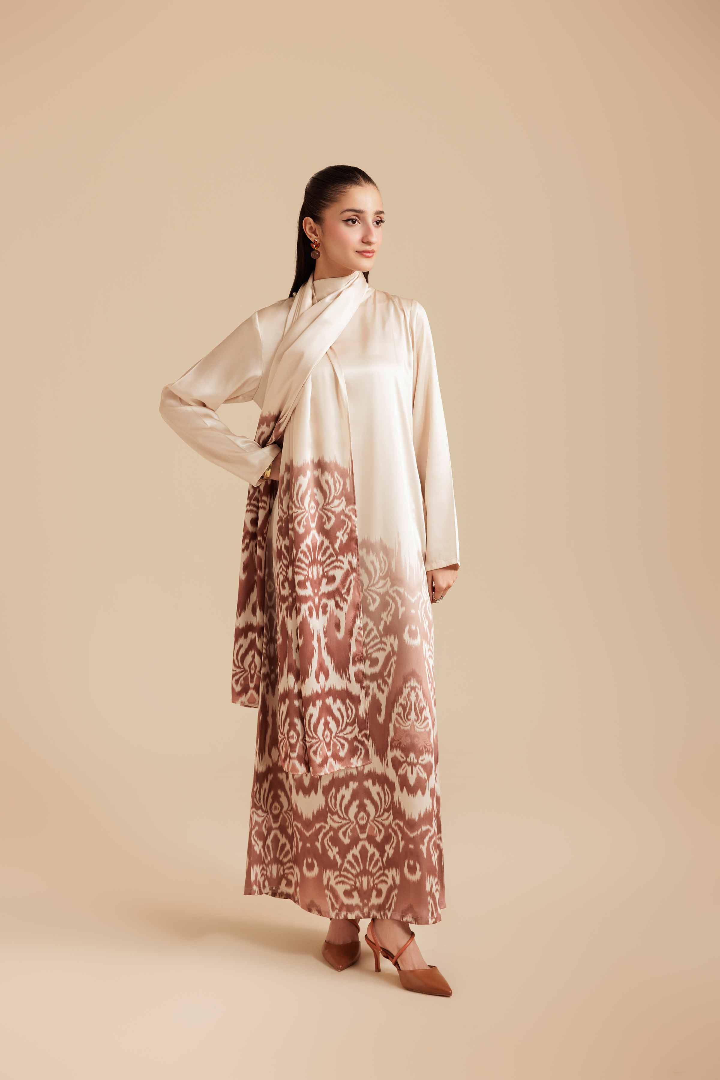 NishatUK - Brown Printed Silk 2-piece ready to wear Long Dress