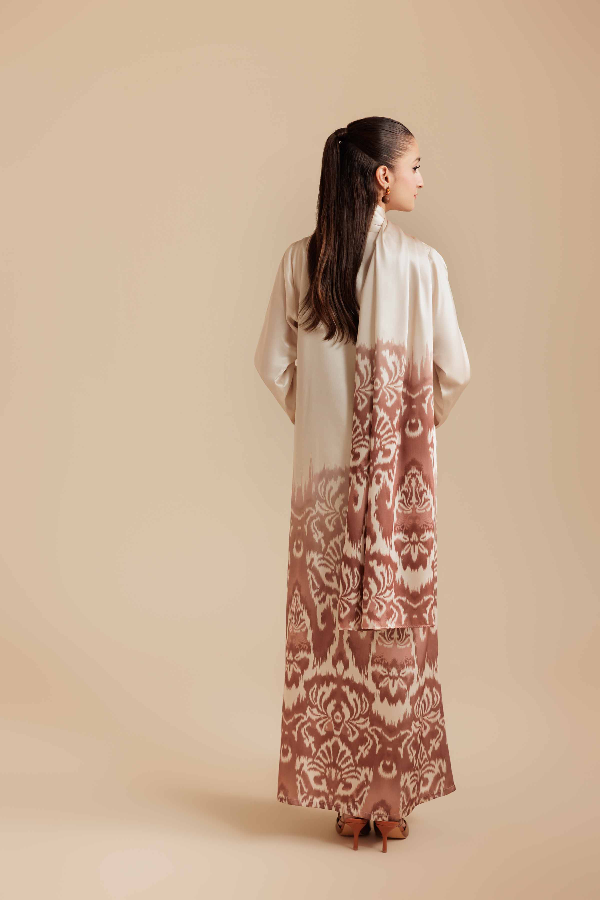NishatUK - Brown Printed Silk 2-piece ready to wear Long Dress