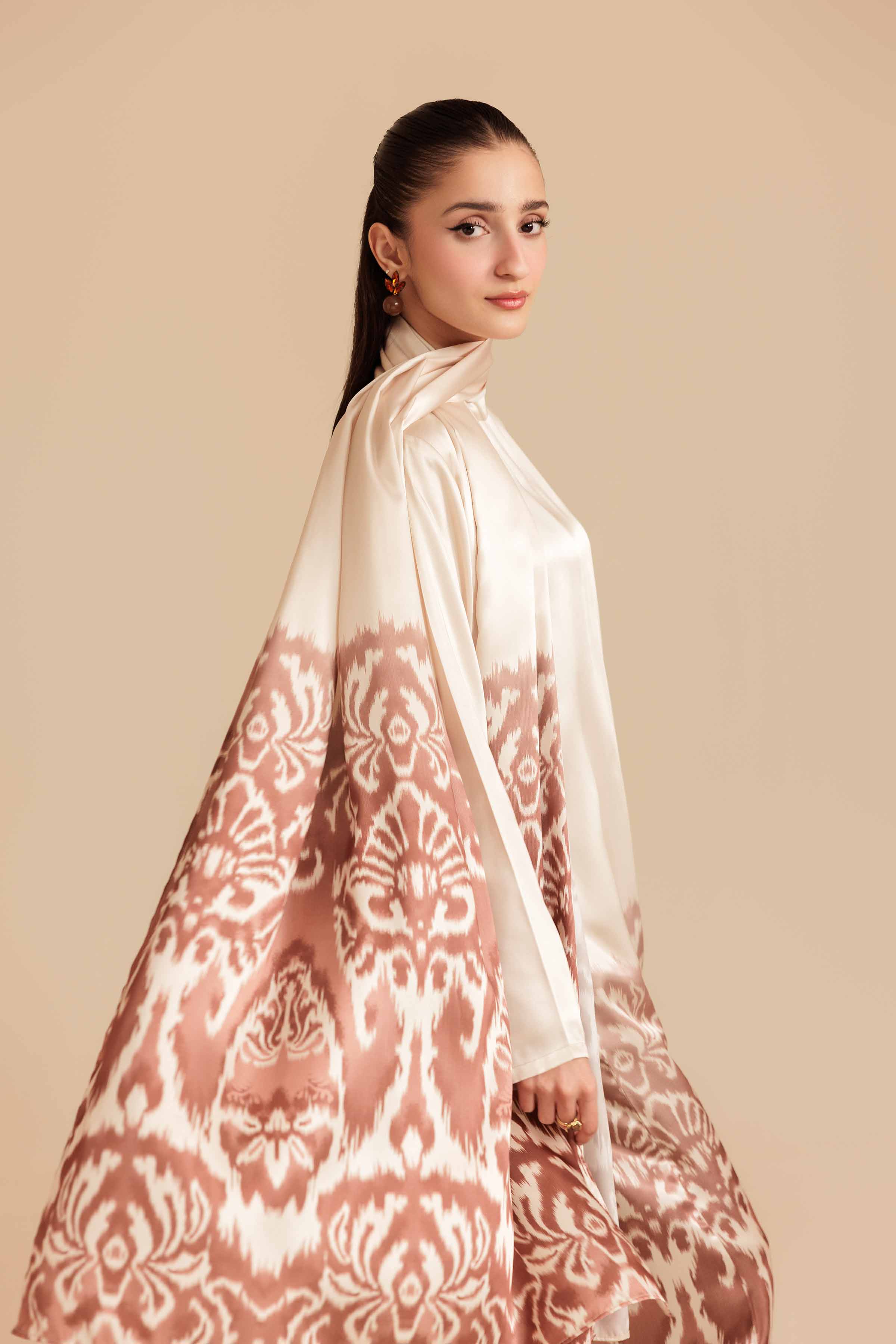 NishatUK - Brown Printed Silk 2-piece ready to wear Long Dress
