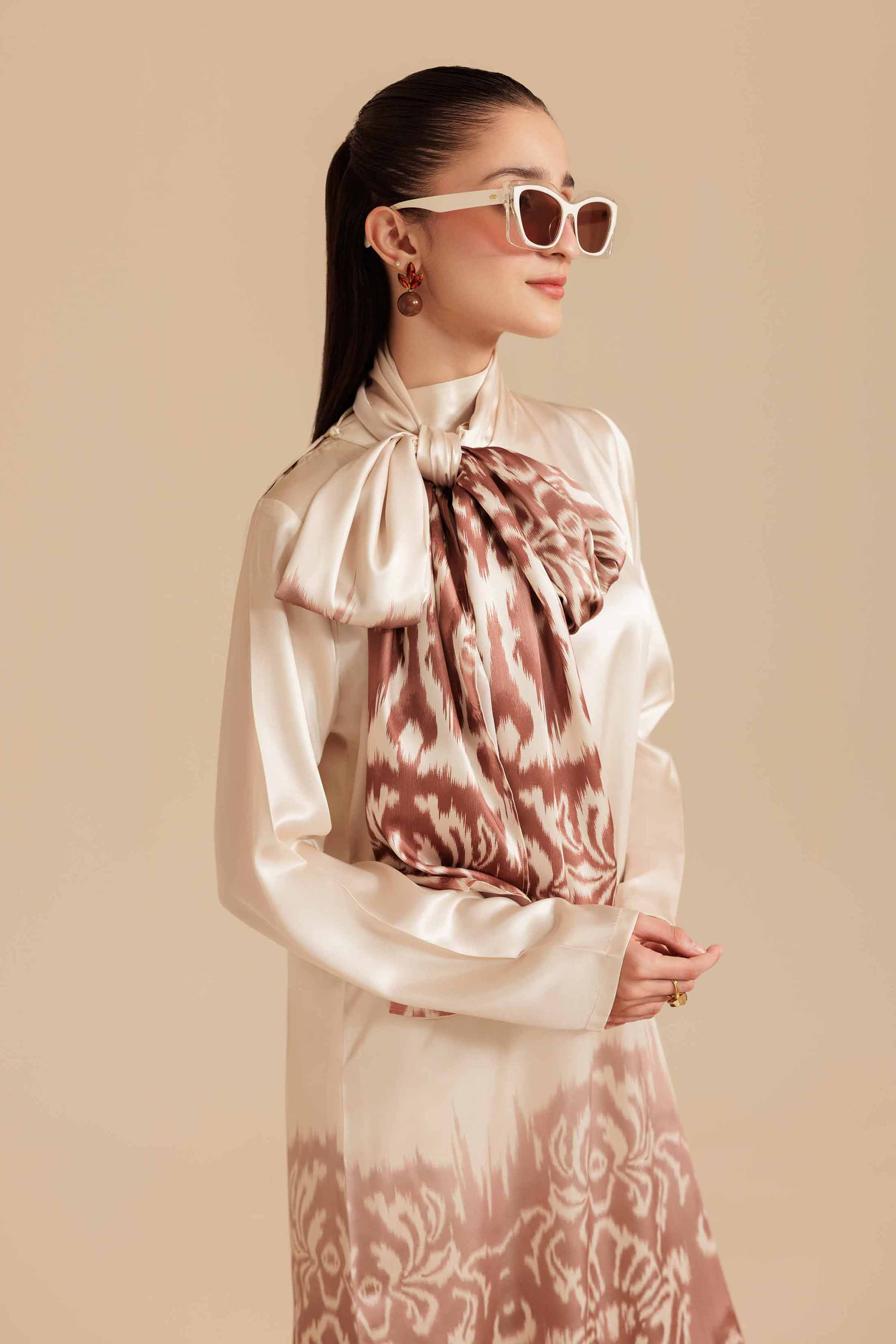 NishatUK - Brown Printed Silk 2-piece ready to wear Long Dress