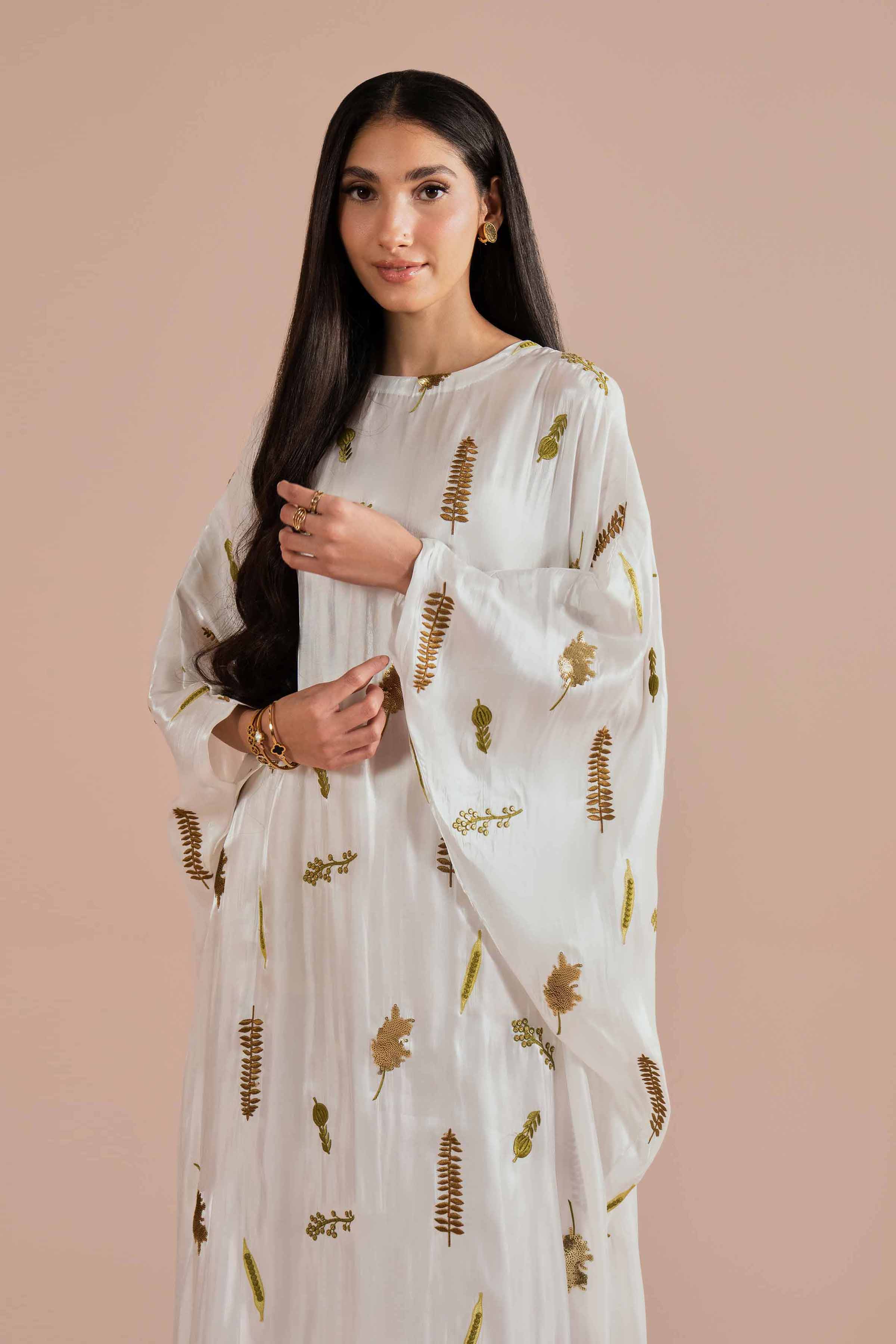 NishatUK - White Embroidered Shimer Satin 1-piece ready to wear dress