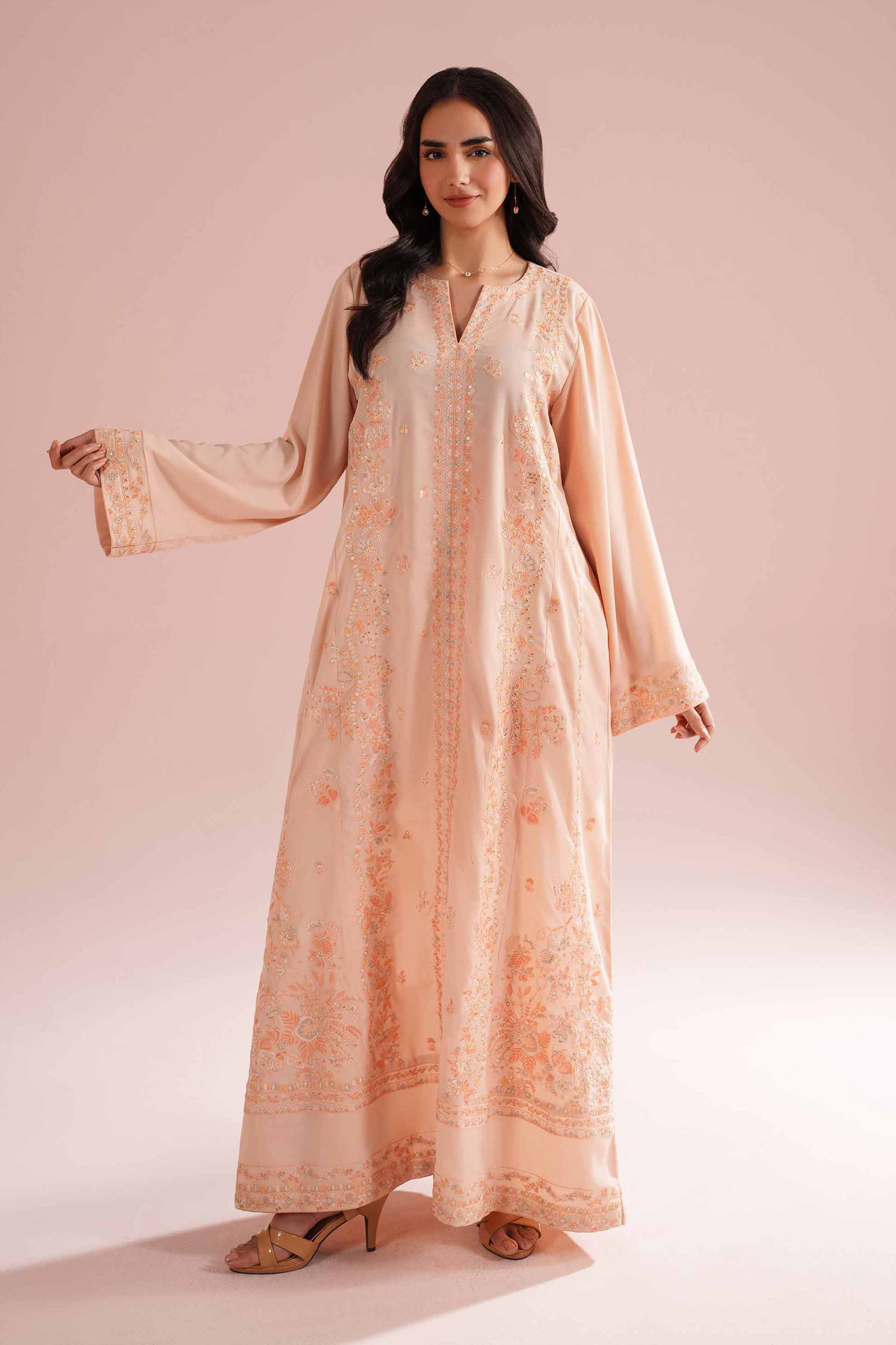Nishat UK - Orange Embroidered Grip 1 Piece ready to wear Long Dress