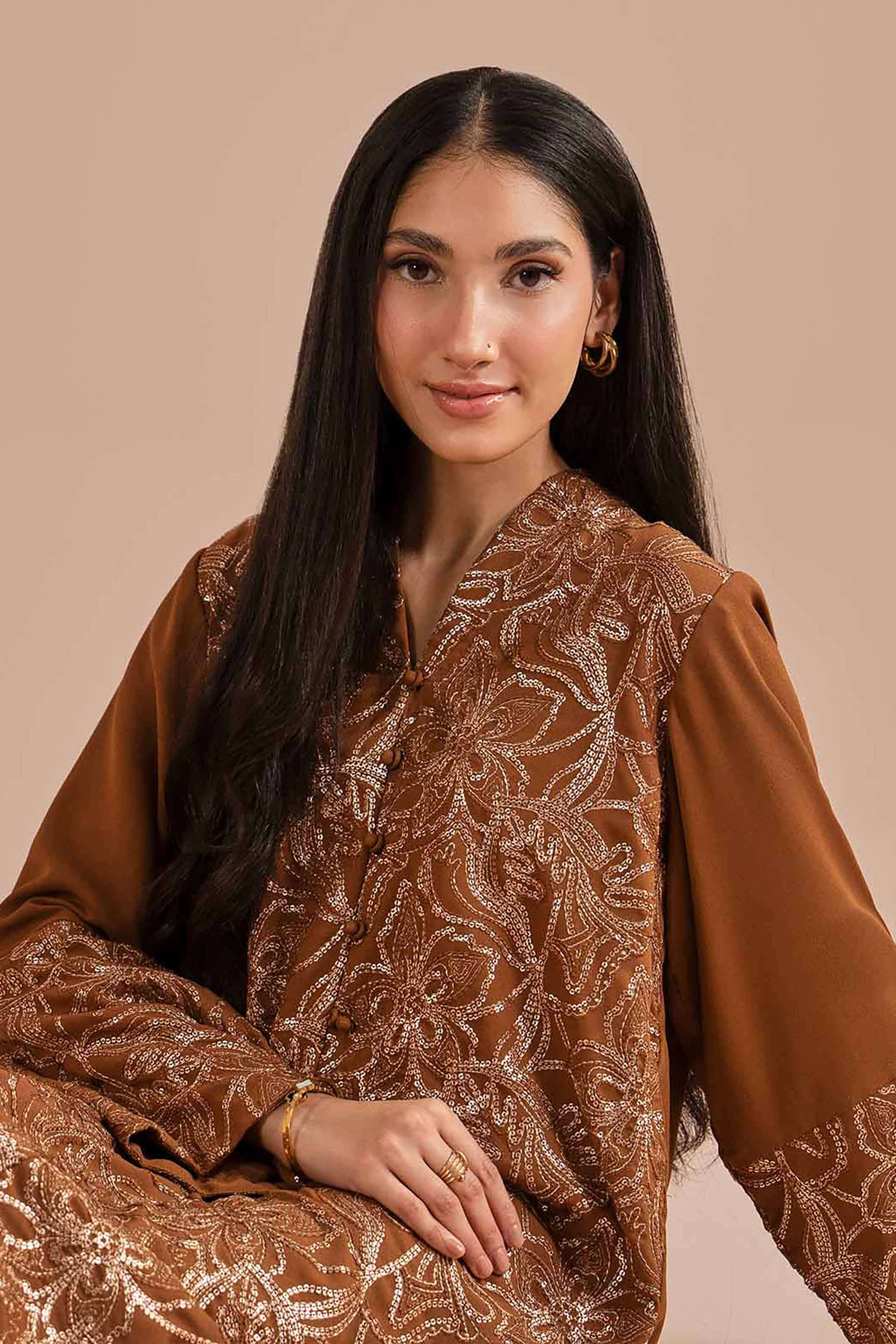 NishatUK - Brown Embroidered Georgette 1-piece ready to wear dress