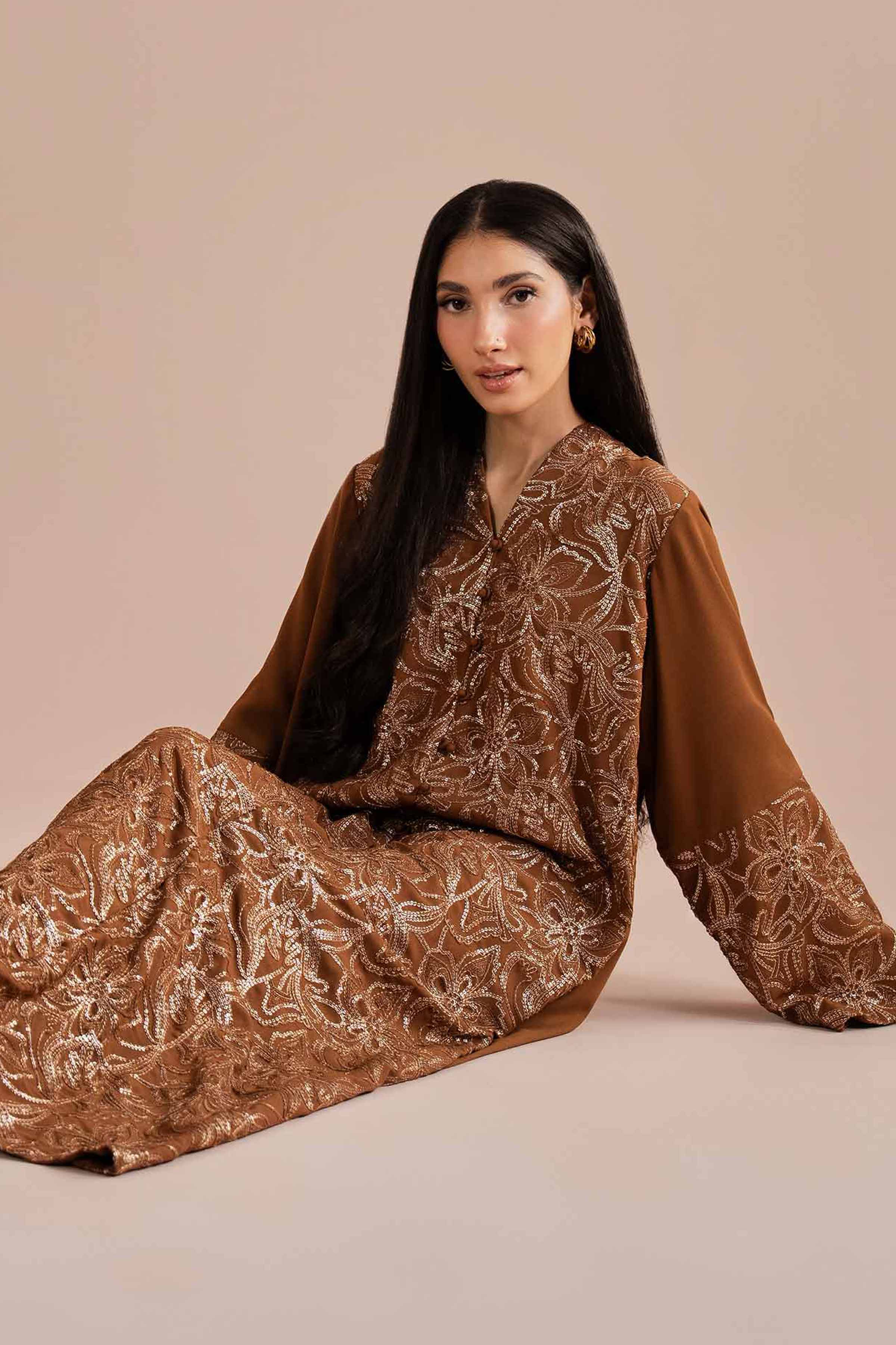 NishatUK - Brown Embroidered Georgette 1-piece ready to wear dress