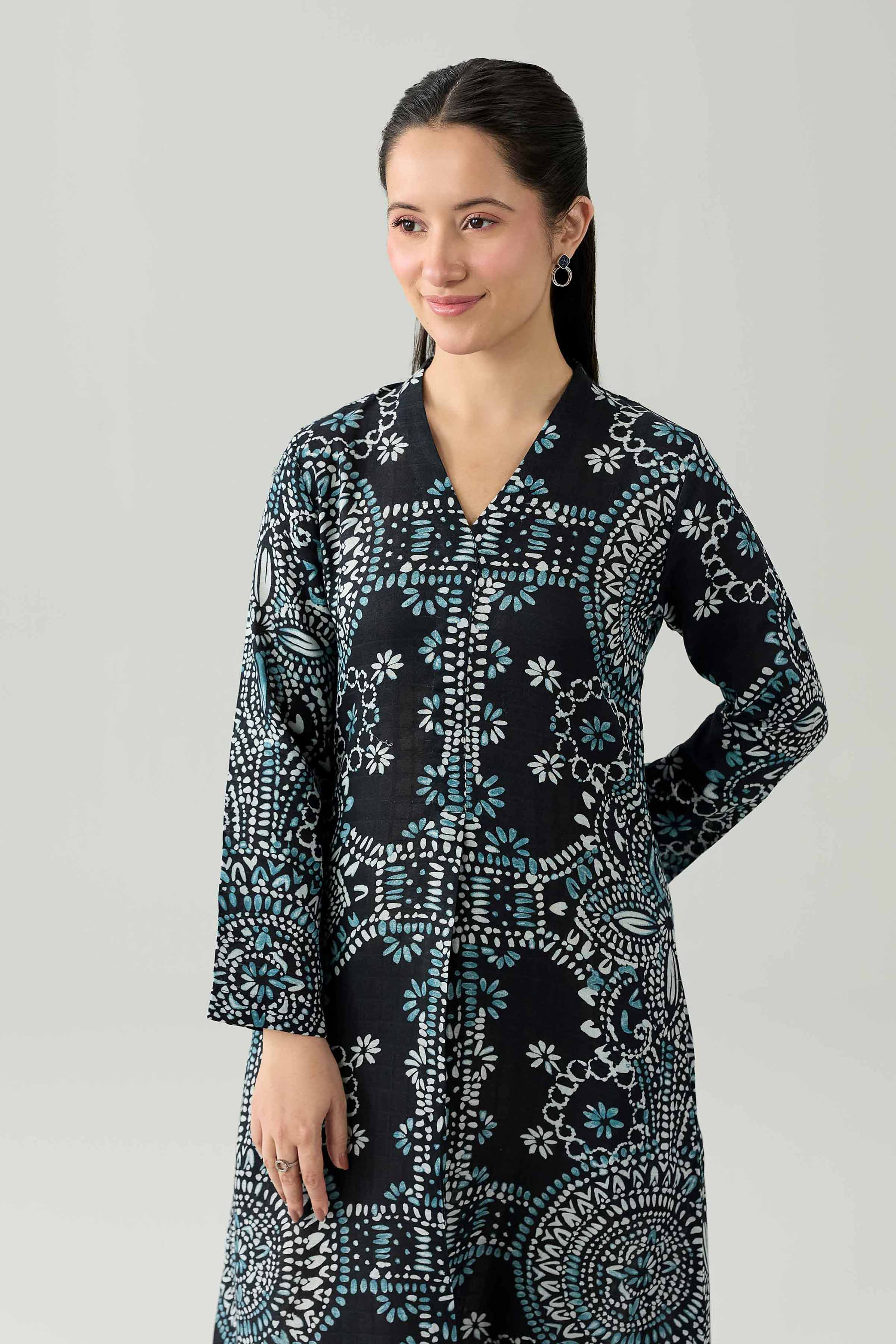 Nishat UK - Black Printed  Dobby  1 Piece ready to wear Long Dress