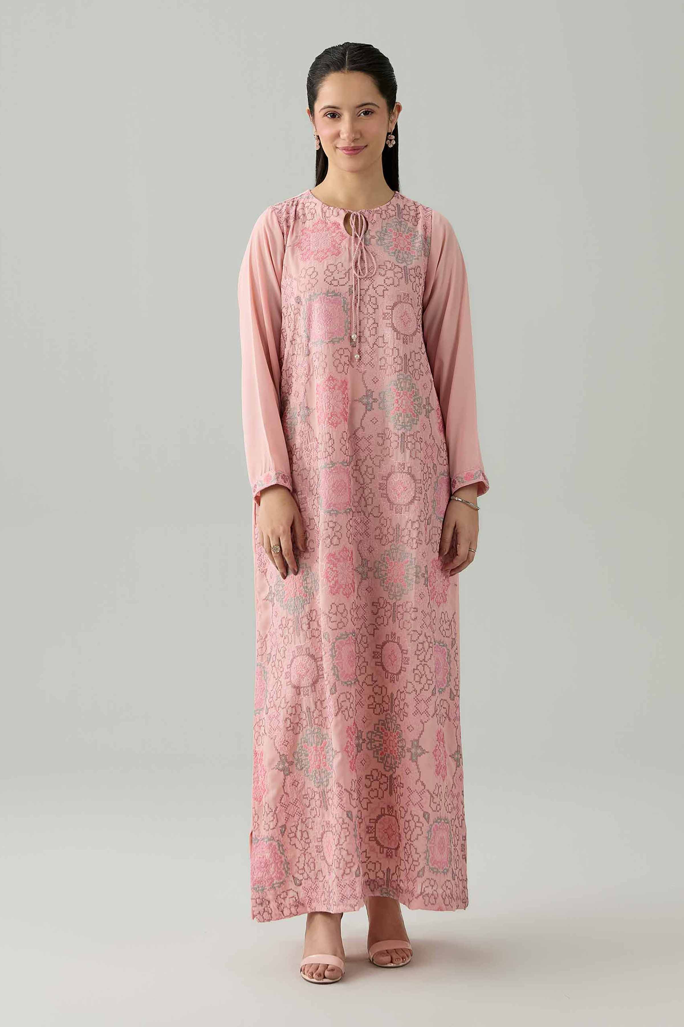 Nishat UK - Pink Embroidered Viscose 1 Piece ready to wear Long Dress