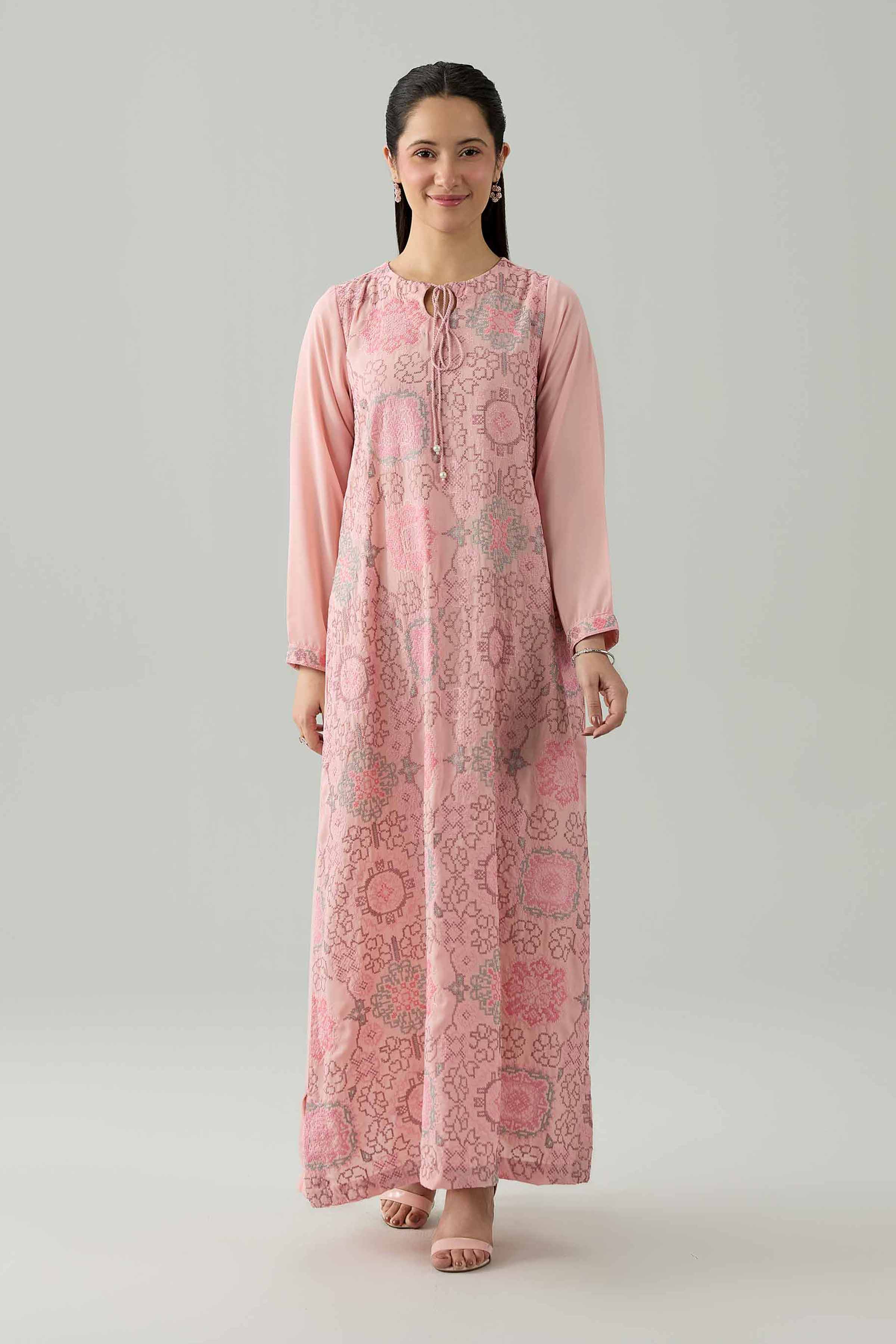 Nishat UK - Pink Embroidered Viscose 1 Piece ready to wear Long Dress