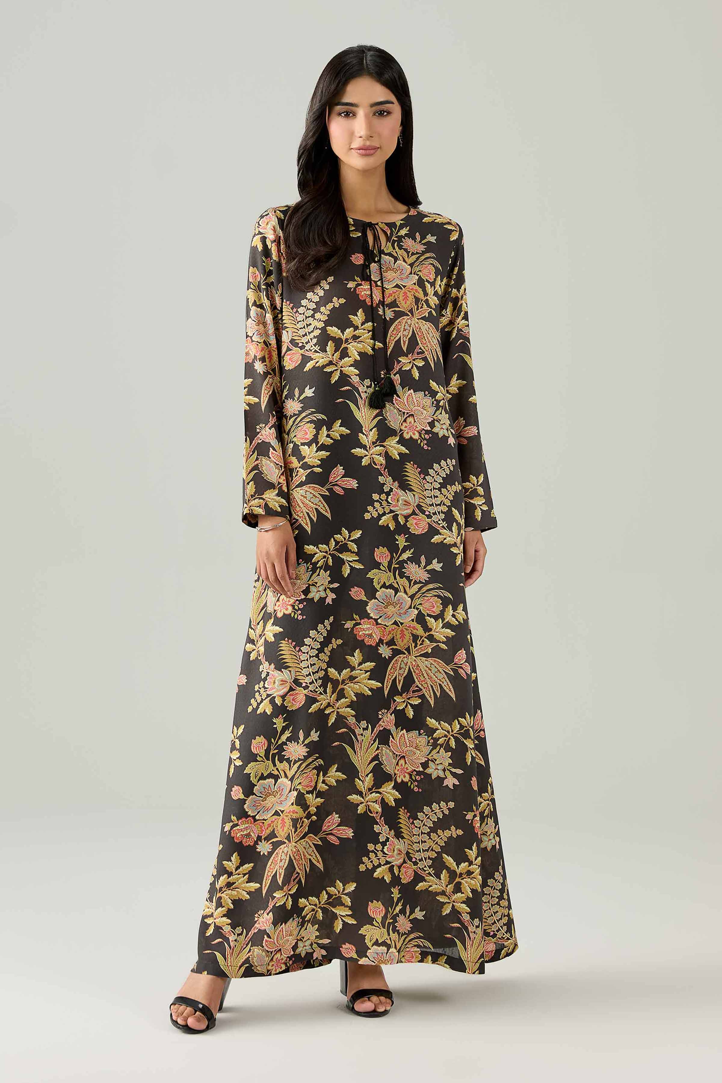 Nishat UK - Black Printed Dobby 1 Piece ready to wear long dress