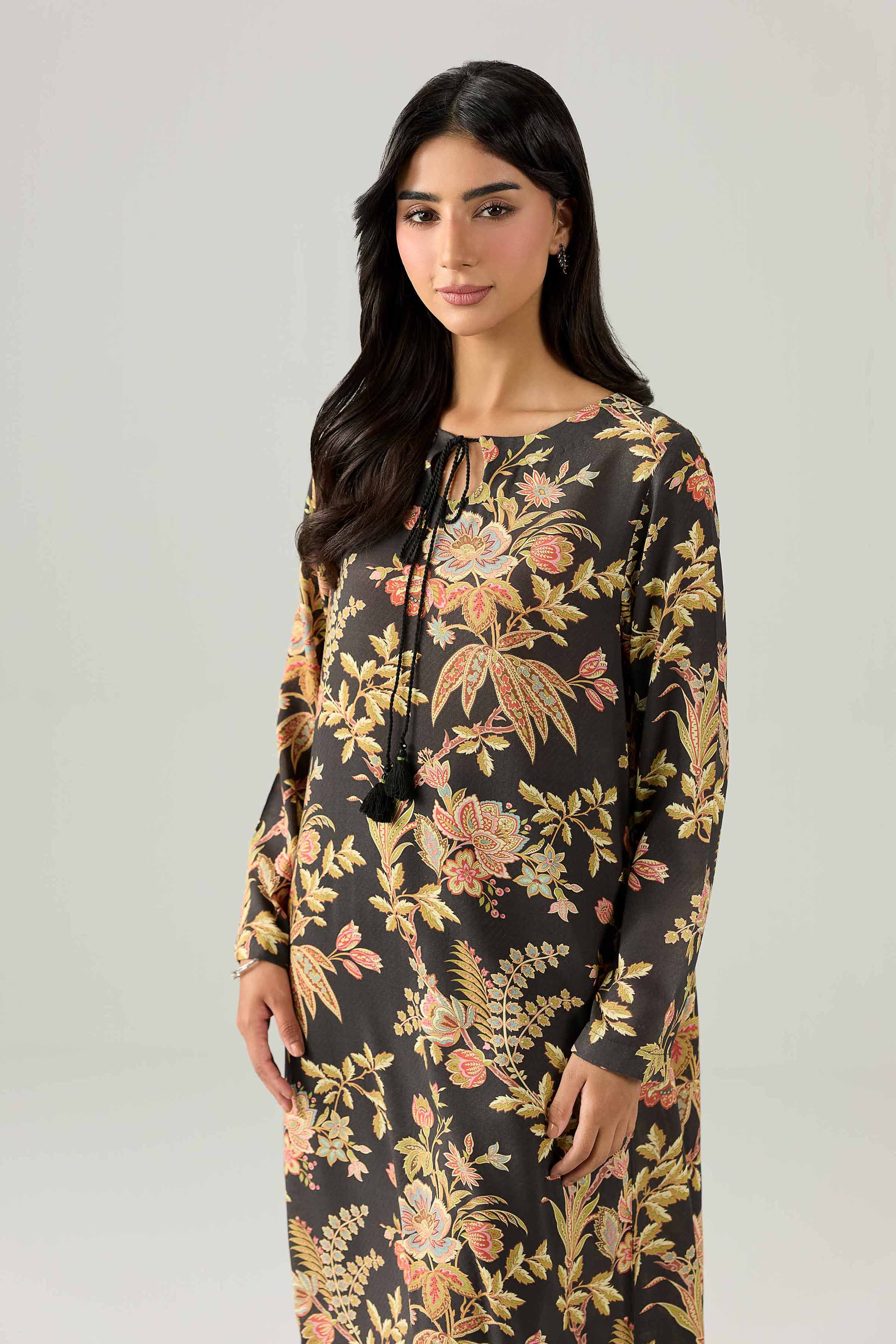 Nishat UK - Black Printed Dobby 1 Piece ready to wear long dress
