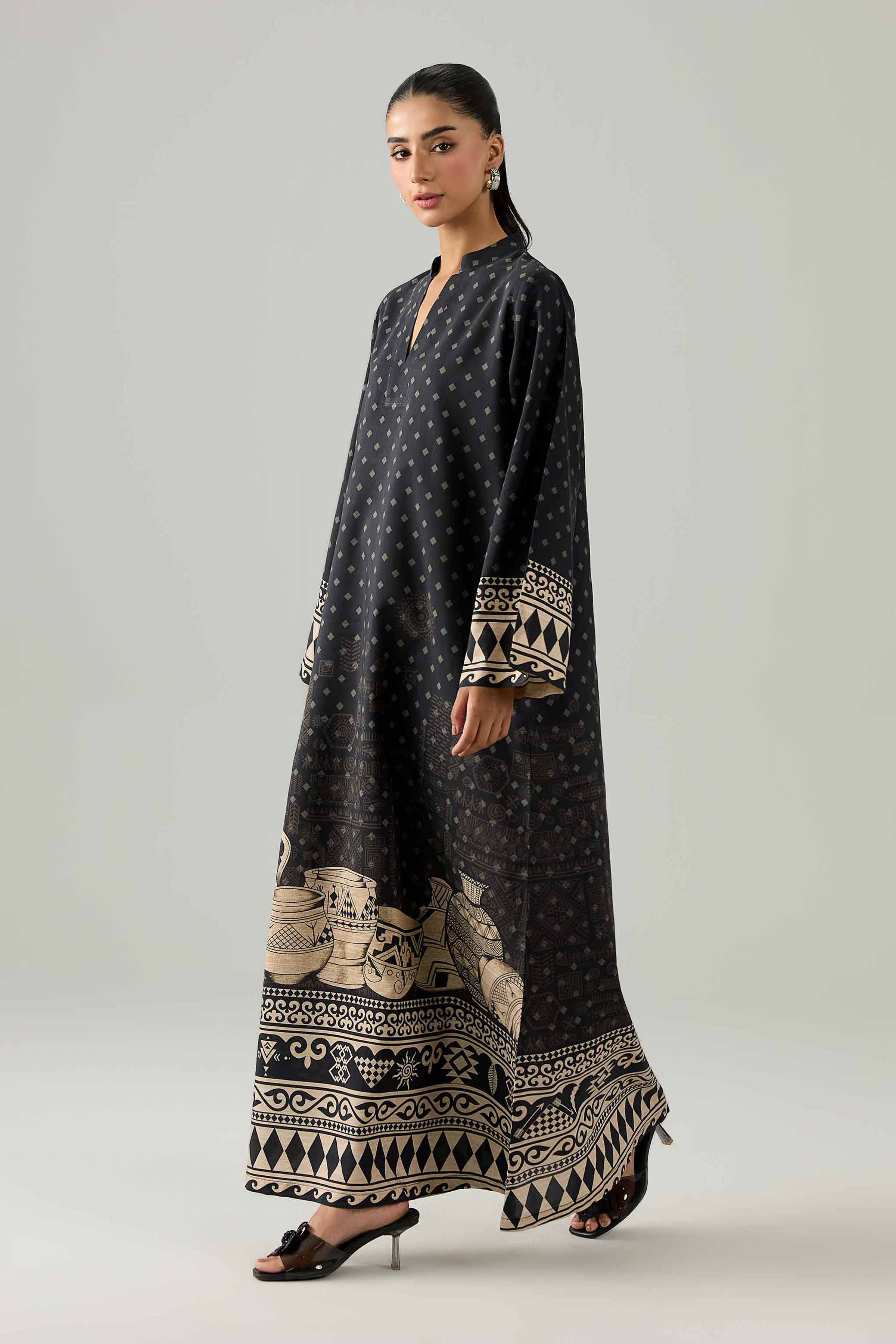 Nishat UK - Black Printed Silk 1 Piece ready to wear long dress