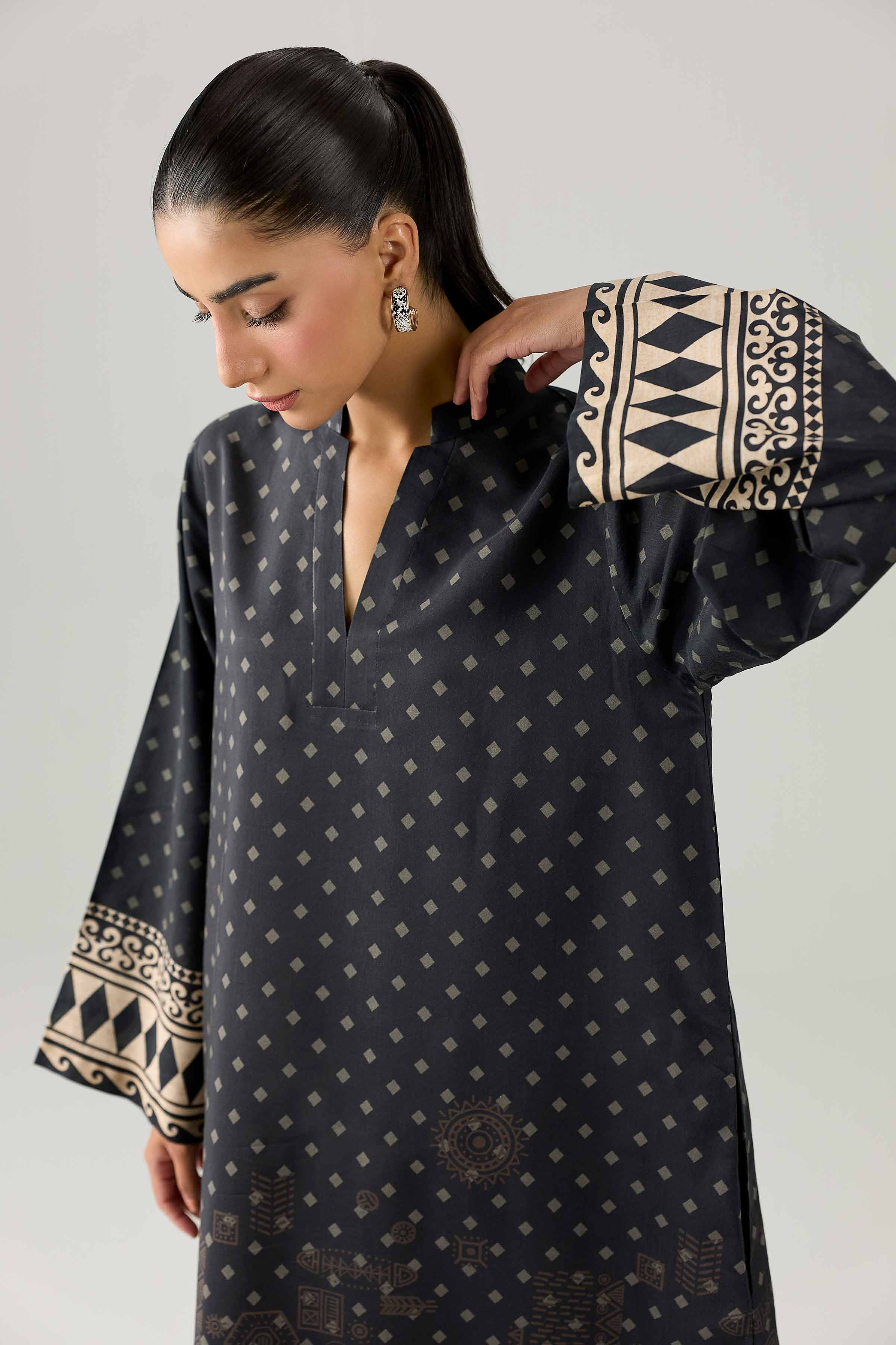 Nishat UK - Black Printed Silk 1 Piece ready to wear long dress