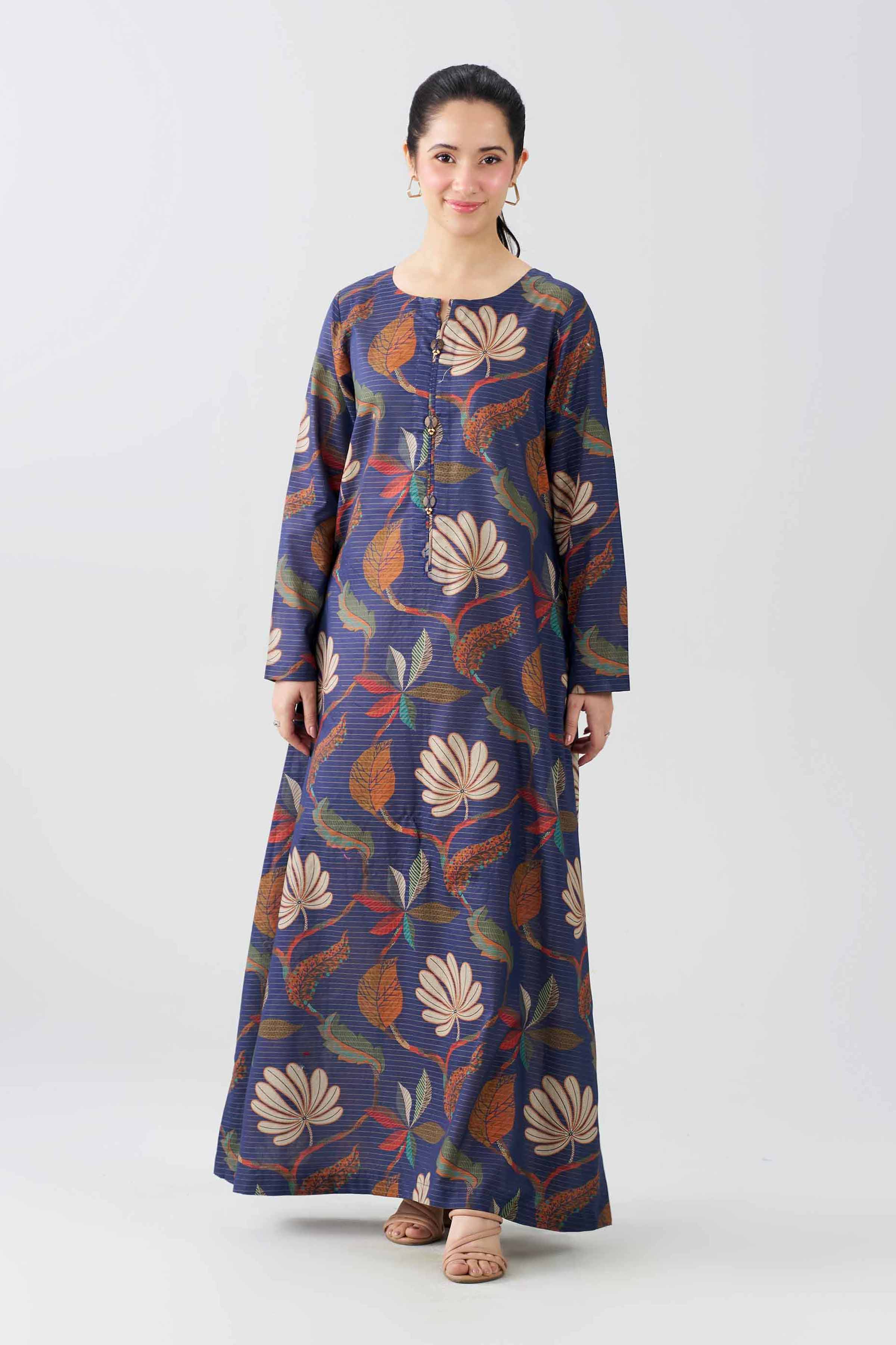 Nishat UK - Blue Printed Lawn 1 Piece ready to wear long dress