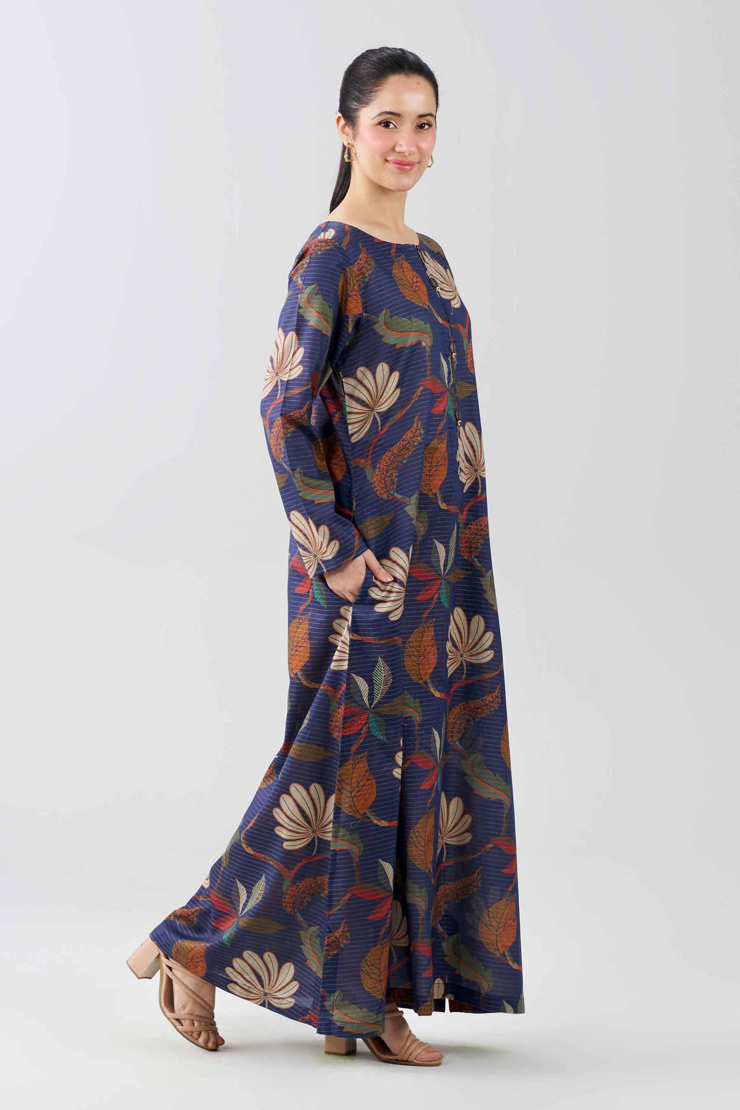 Nishat UK - Blue Printed Lawn 1 Piece ready to wear long dress