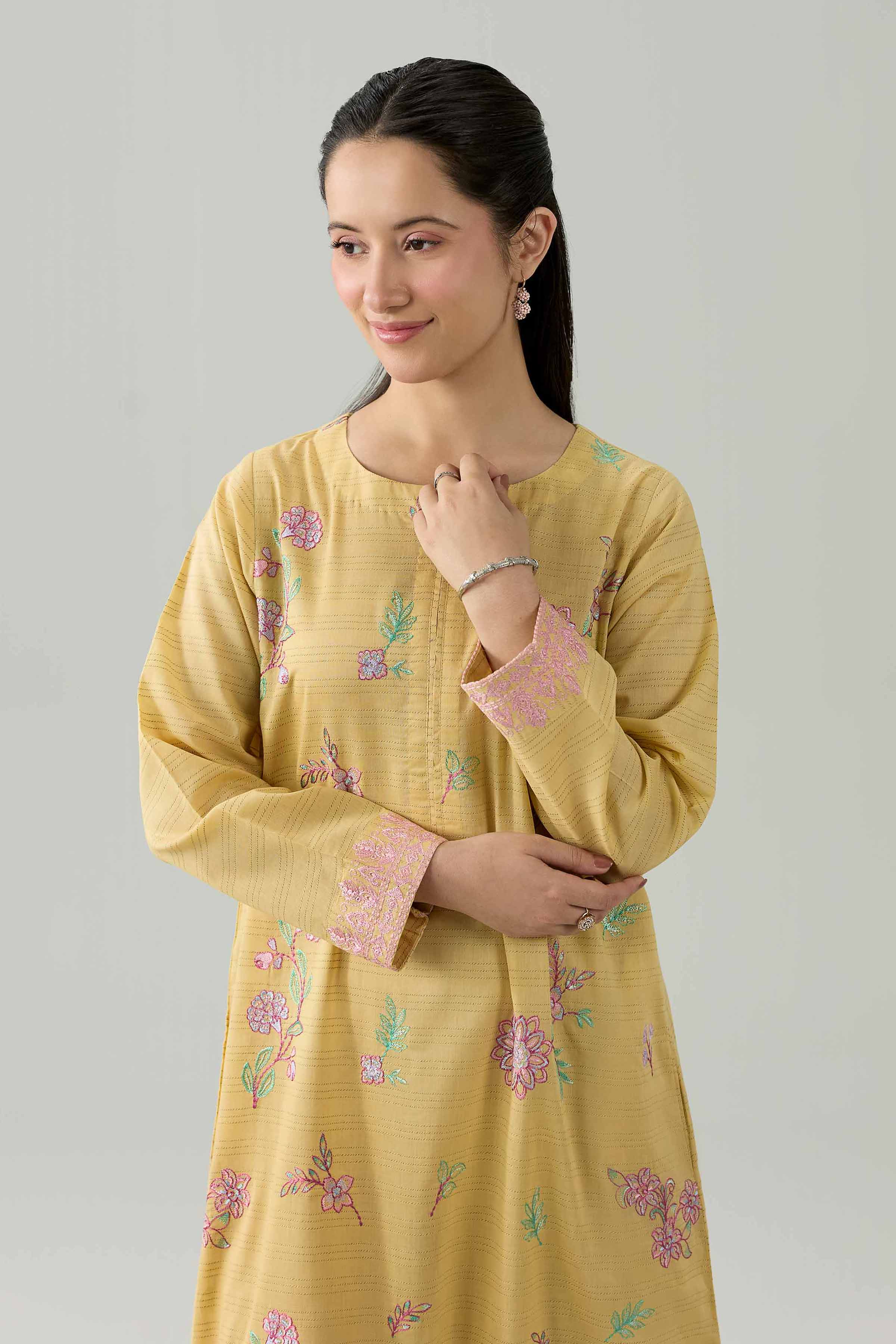 Nishat UK - Yellow Embroidered Dobby 1 Piece ready to wear Long Dress