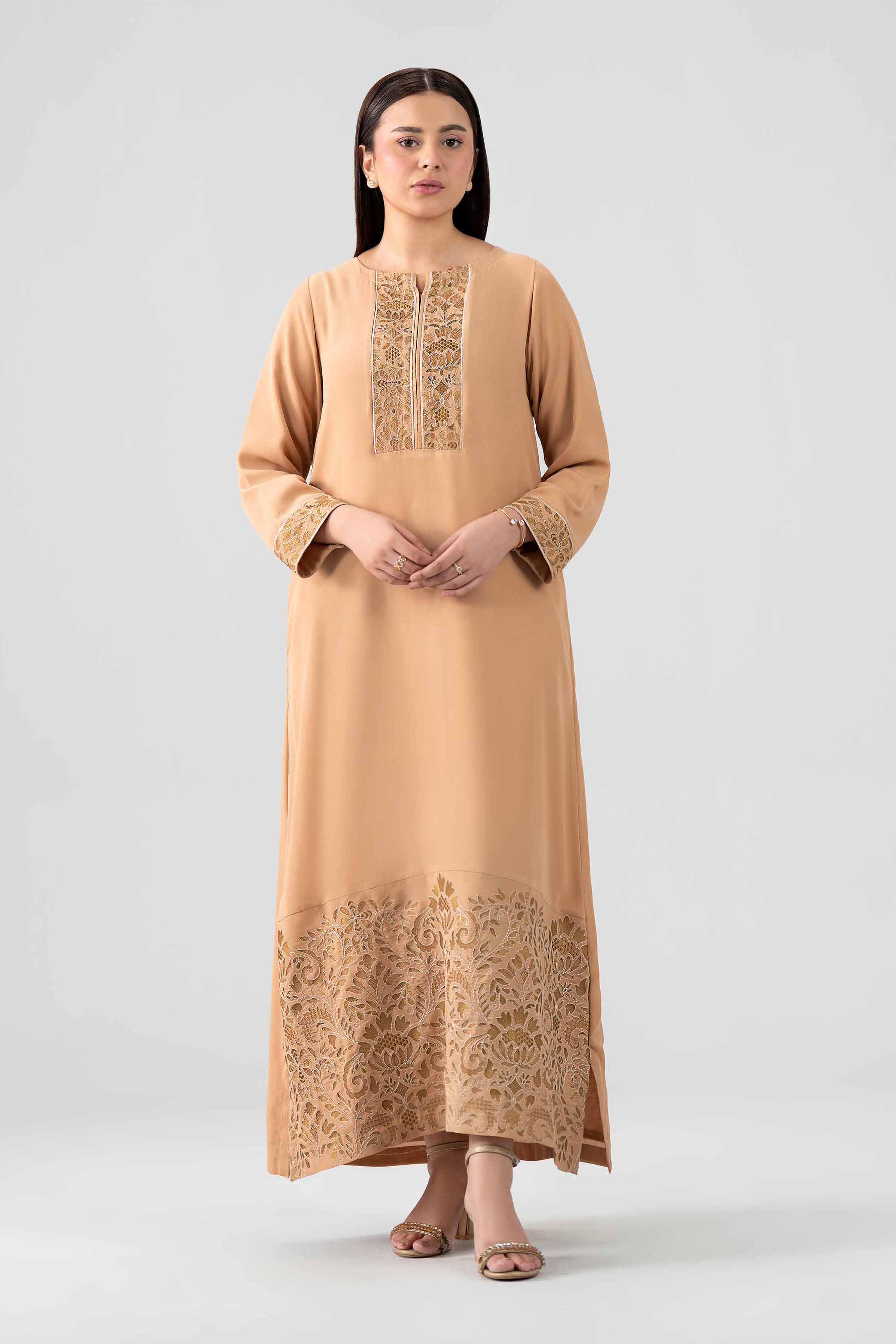 Nishat UK - Beige Embroidered Viscose 1 Piece ready to wear long dress