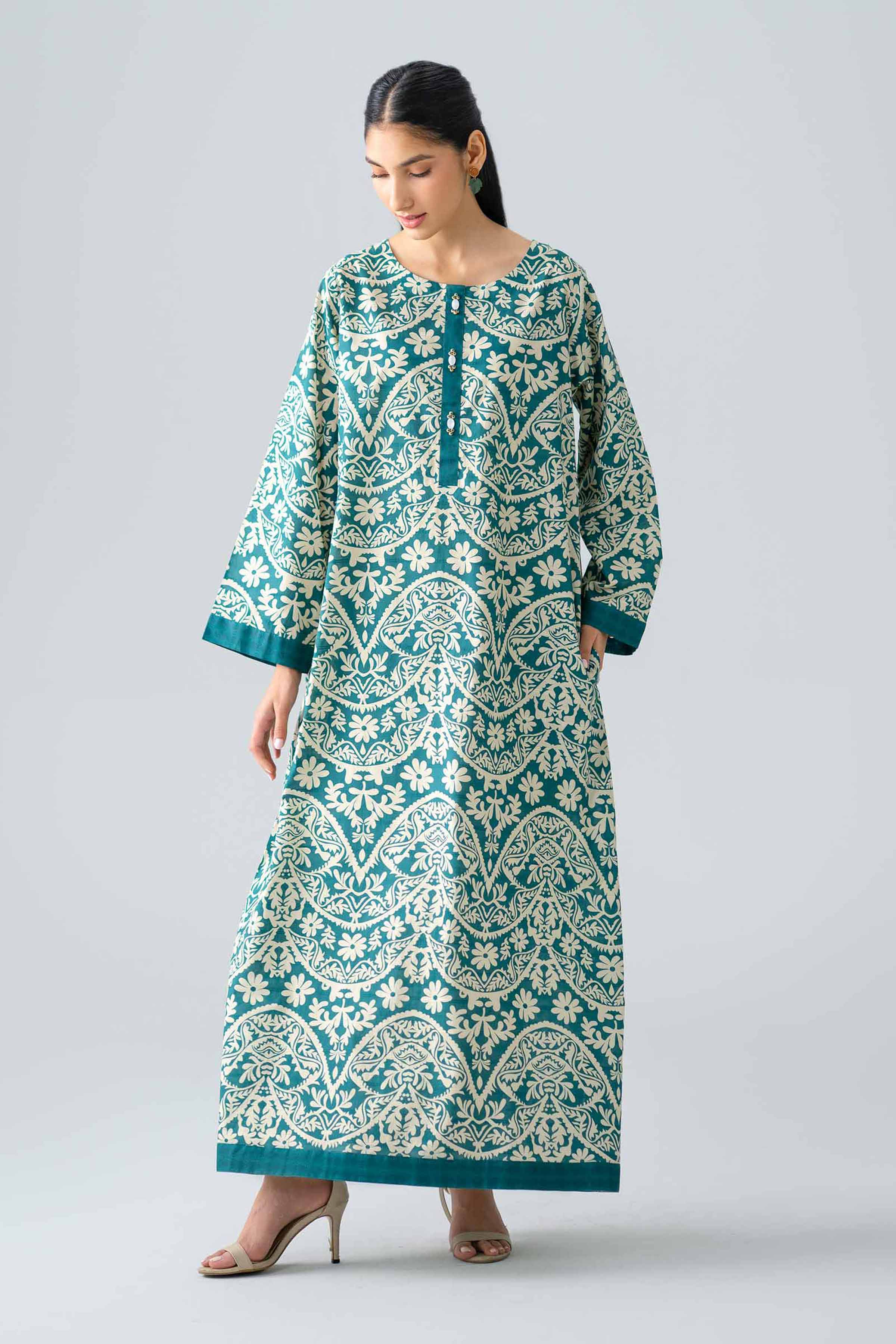 Nishat UK - Green Printed Lawn 1 Piece ready to wear long dress