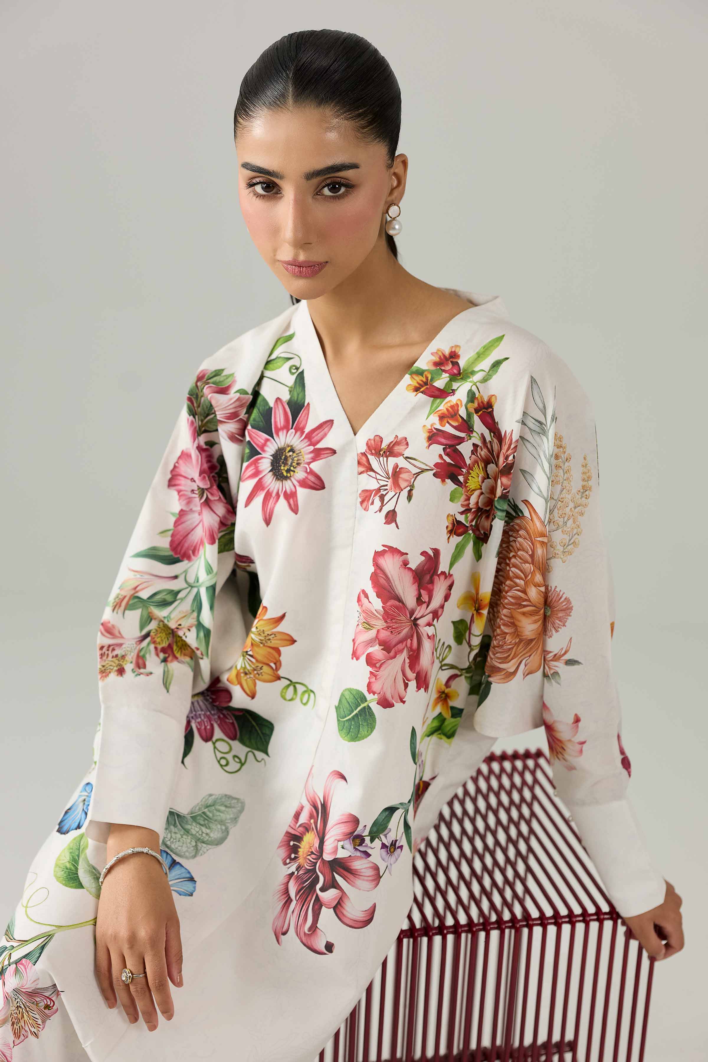 Nishat UK - White  Printed Silk 1 Piece ready to wear Long Dress
