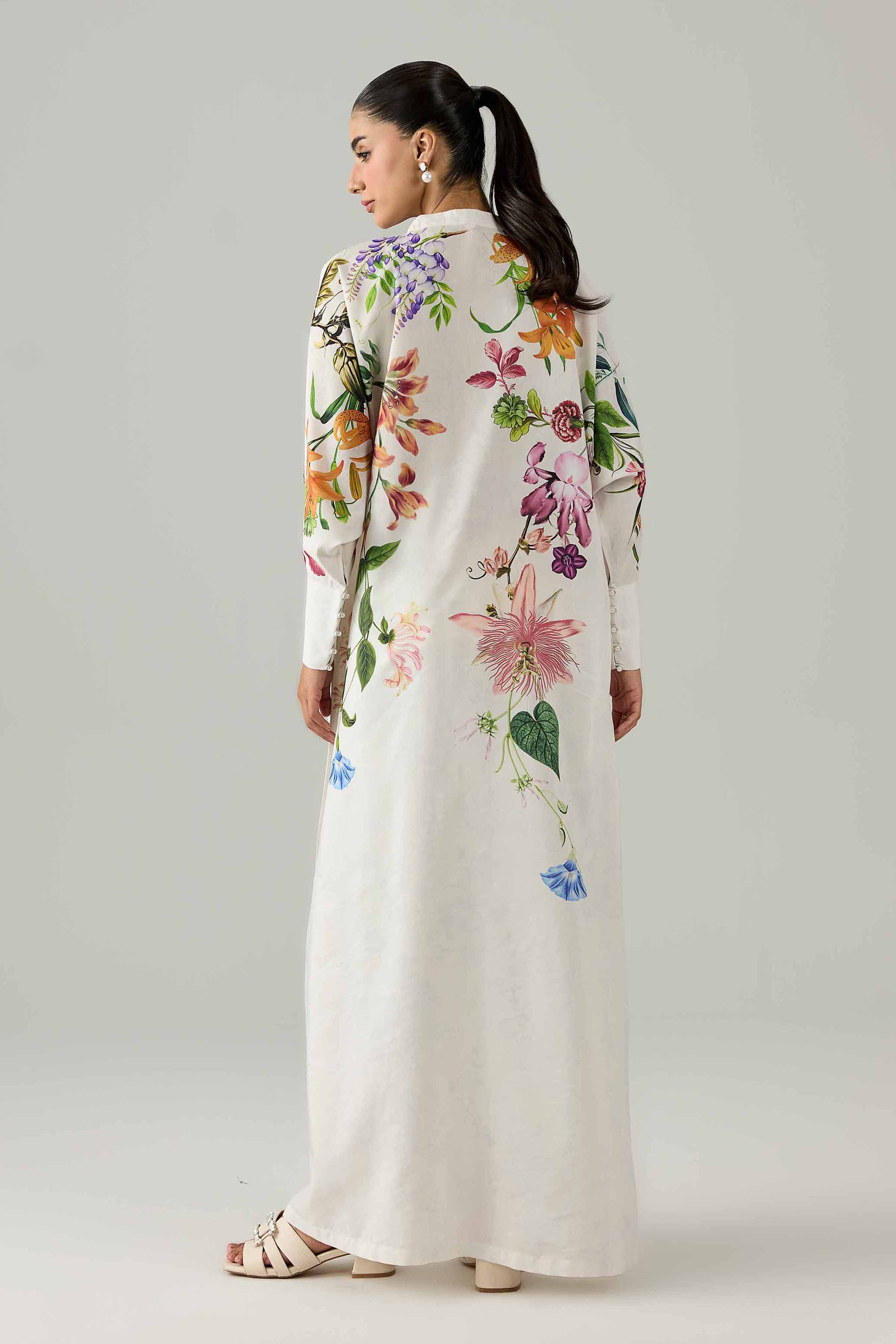 Nishat UK - White  Printed Silk 1 Piece ready to wear Long Dress
