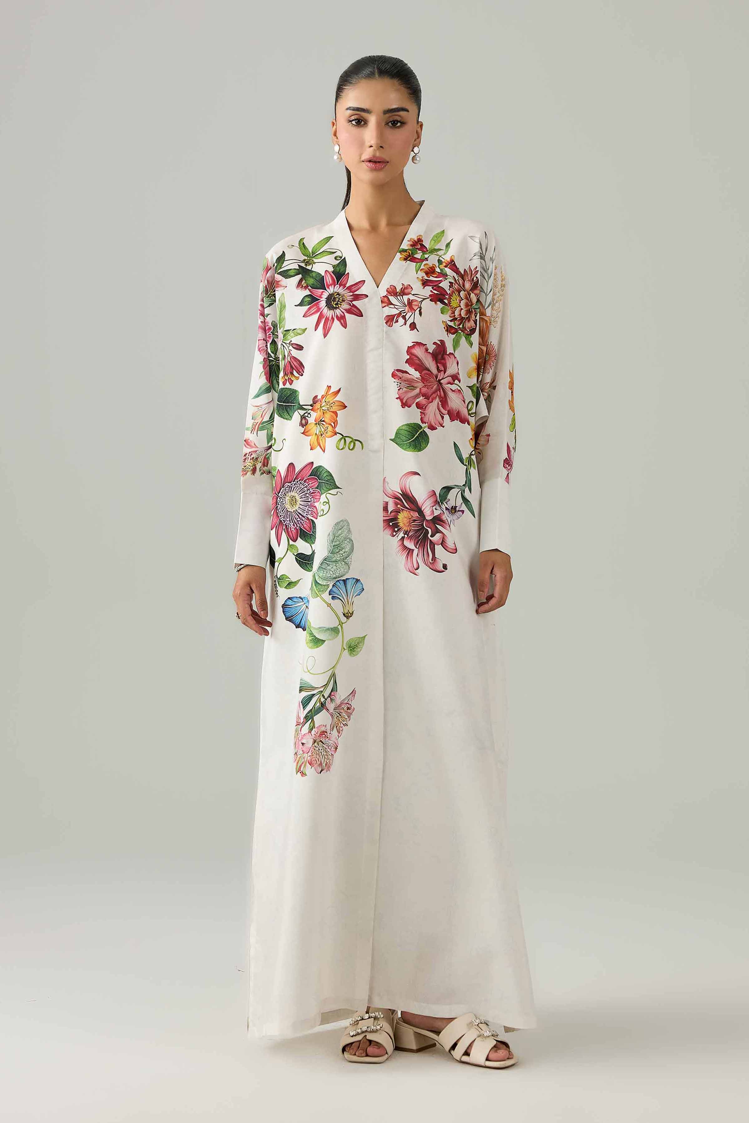 Nishat UK - White  Printed Silk 1 Piece ready to wear Long Dress