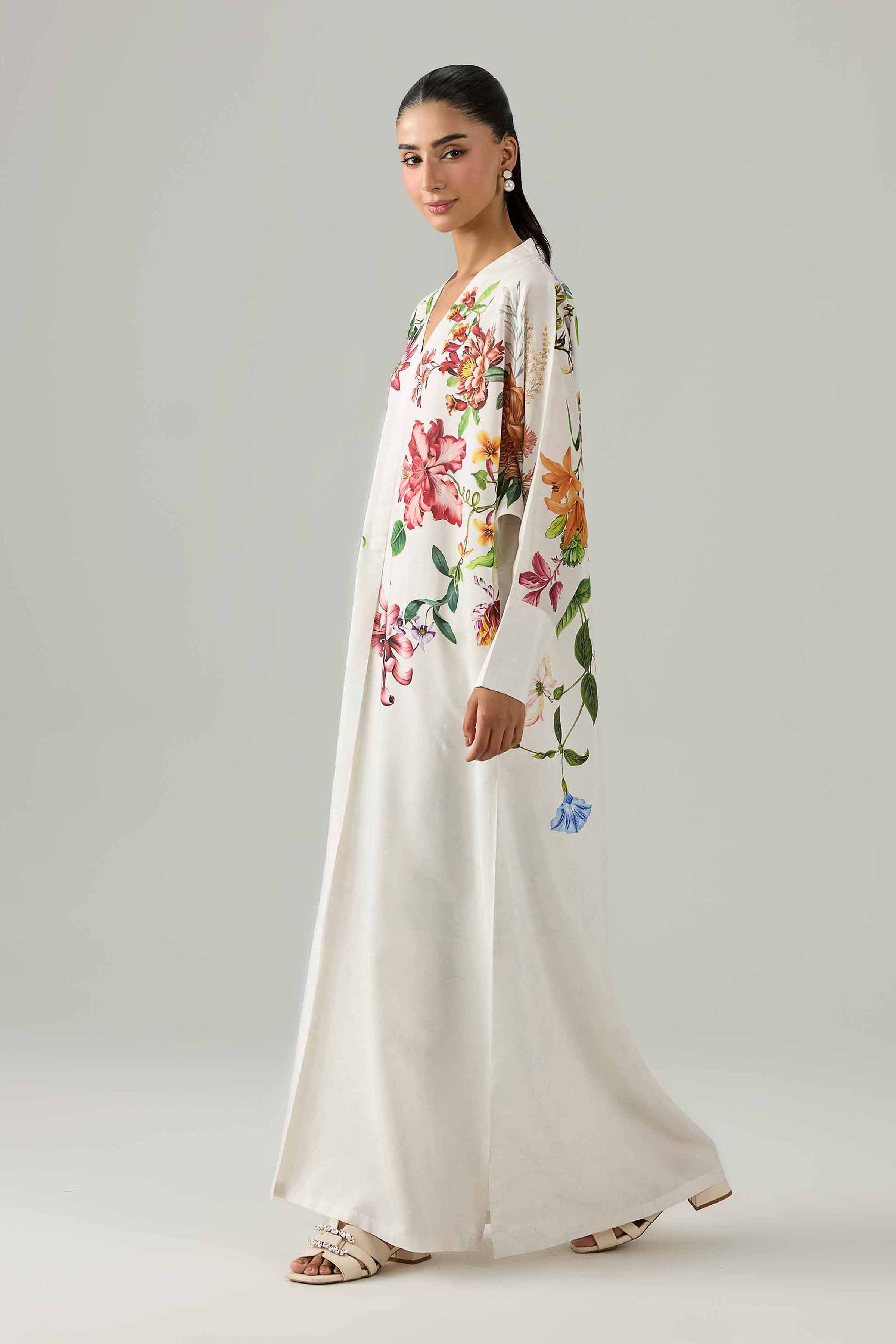 Nishat UK - White  Printed Silk 1 Piece ready to wear Long Dress
