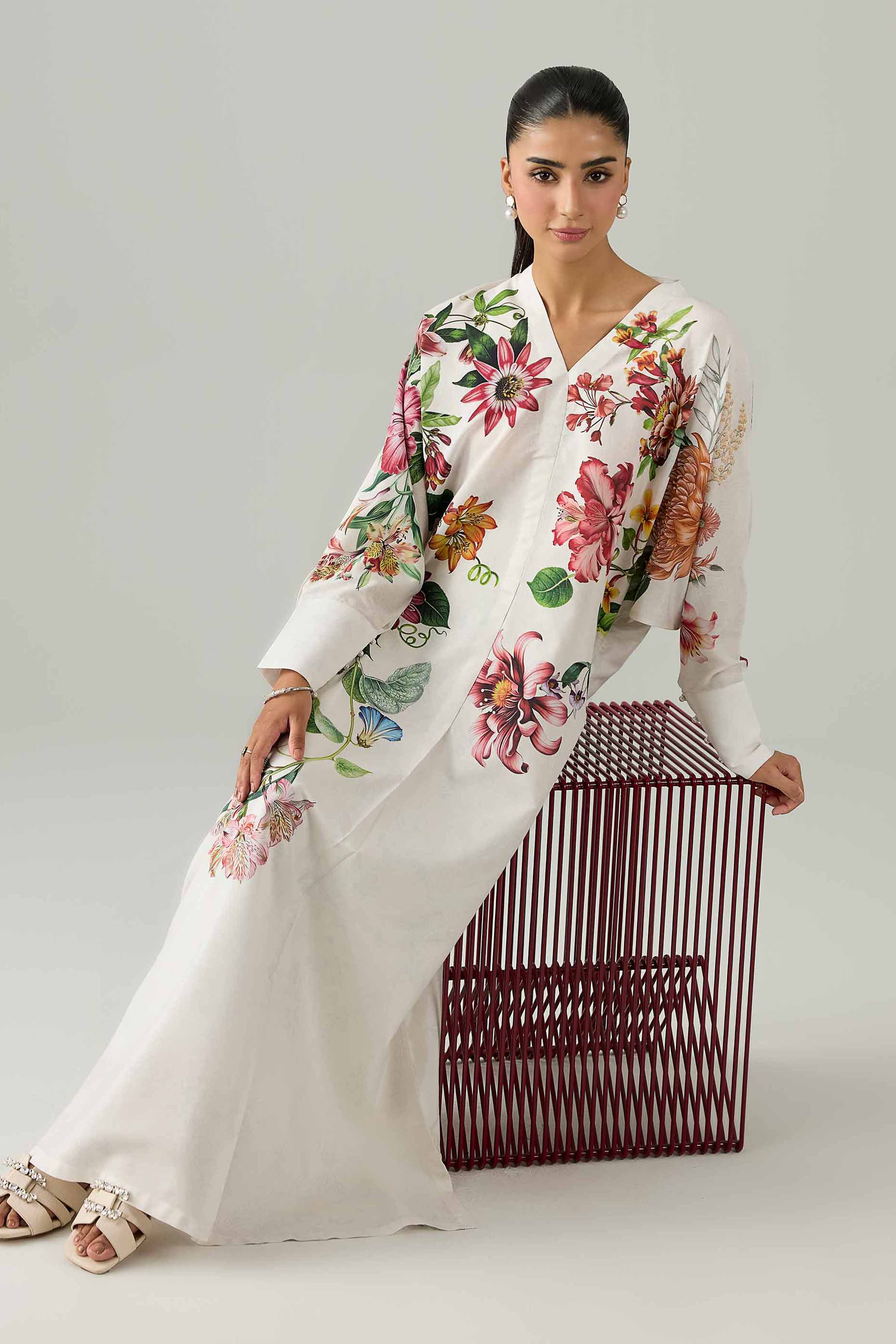 Nishat UK - White  Printed Silk 1 Piece ready to wear Long Dress