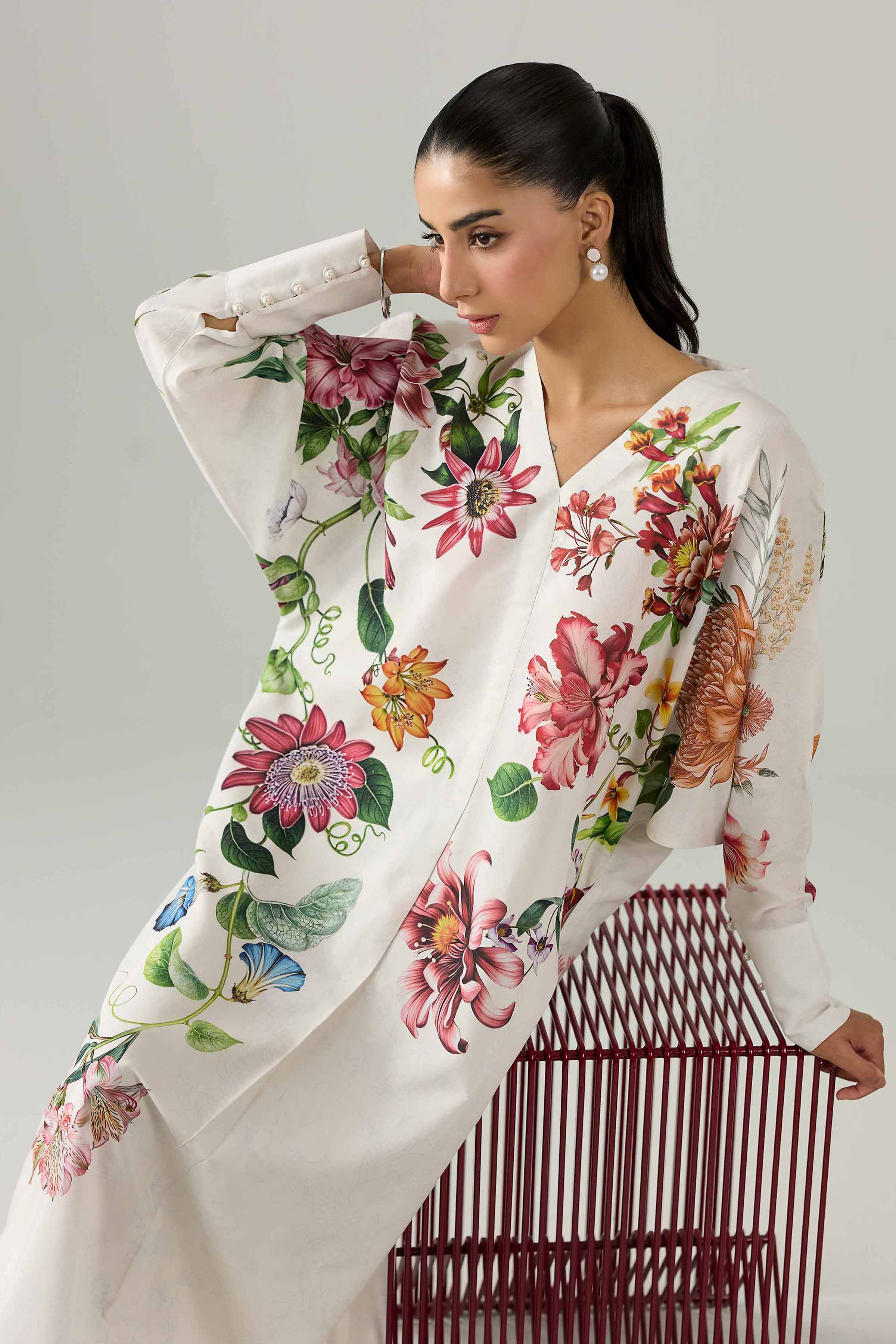 Nishat UK - White  Printed Silk 1 Piece ready to wear Long Dress