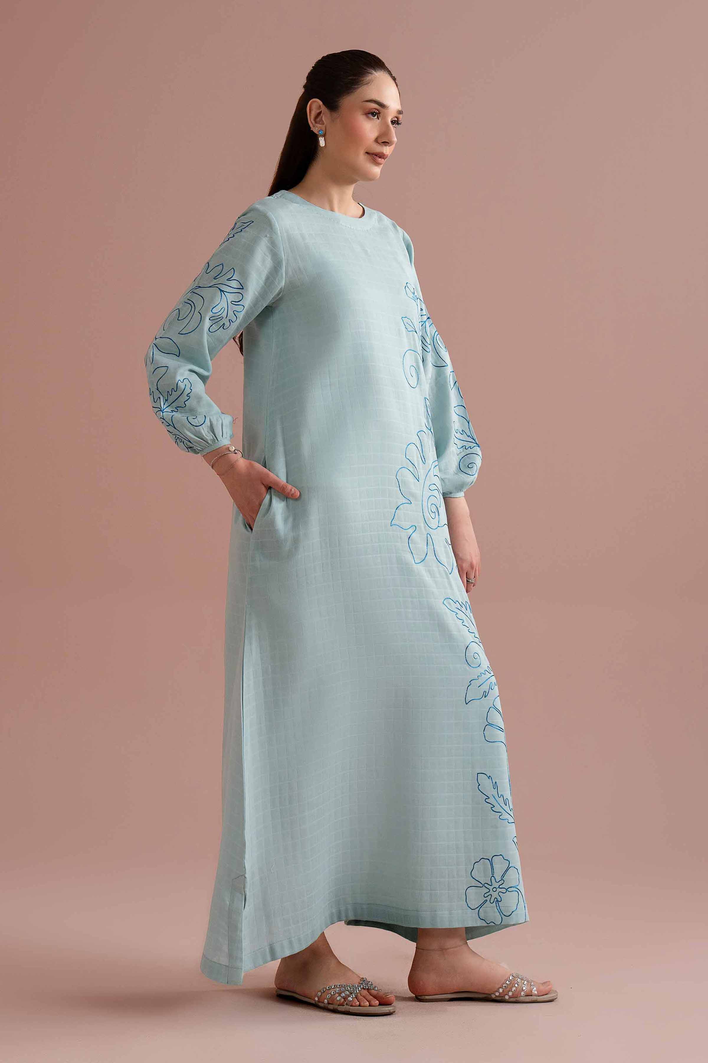 NishatUK - Blue Embroidered Dobby 1-piece ready to wear long dress