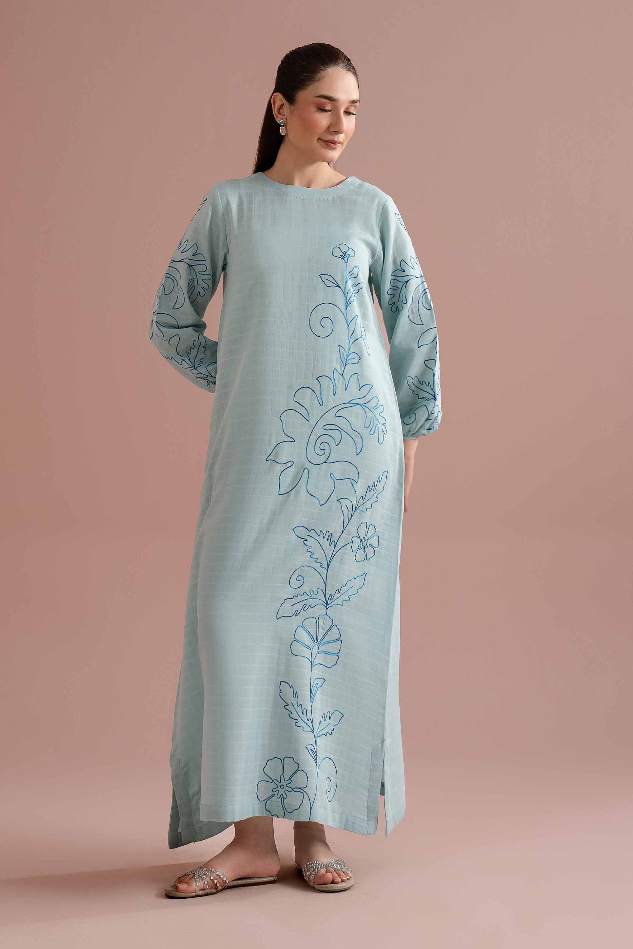 NishatUK - Blue Embroidered Dobby 1-piece ready to wear long dress