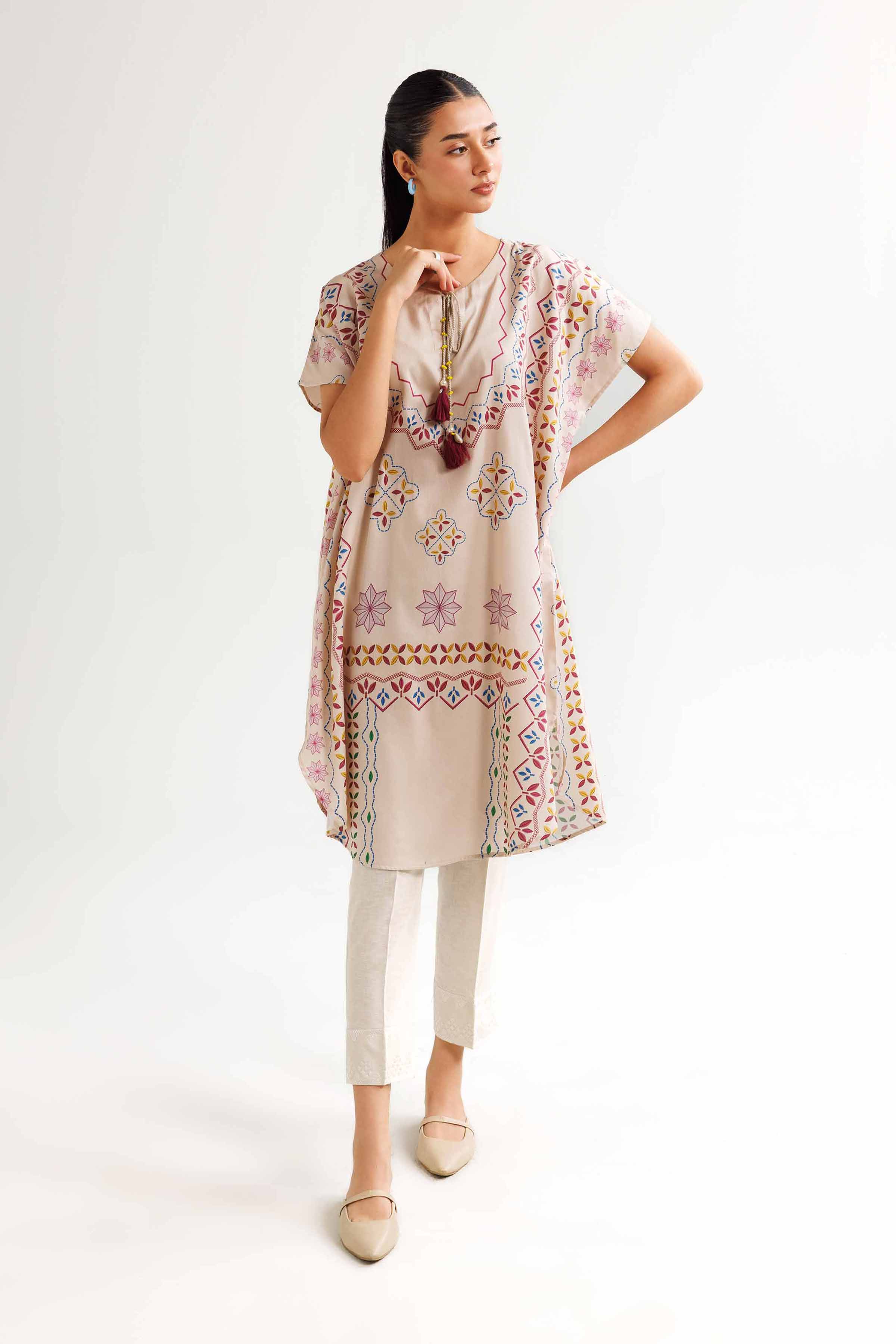 NishatUK - Beige Printed  Satin 1-piece ready to wear Kaftan
