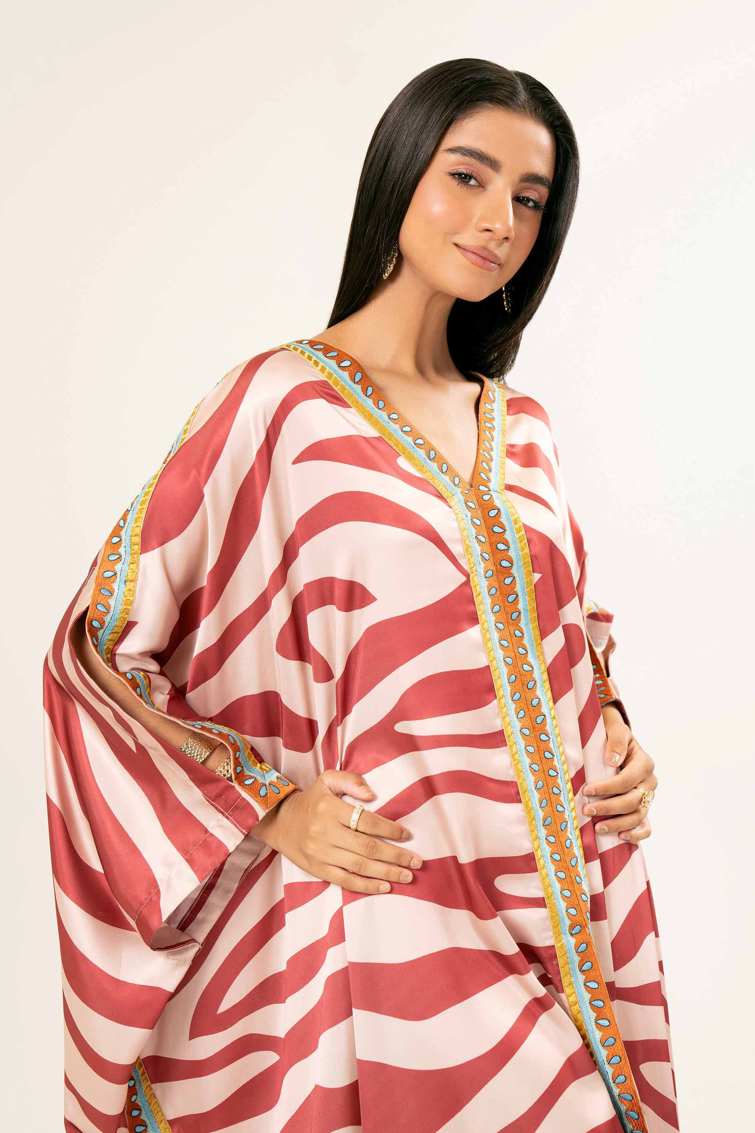 NishatUK - Brown Embroidered  Silk 1-piece ready to wear Kaftan