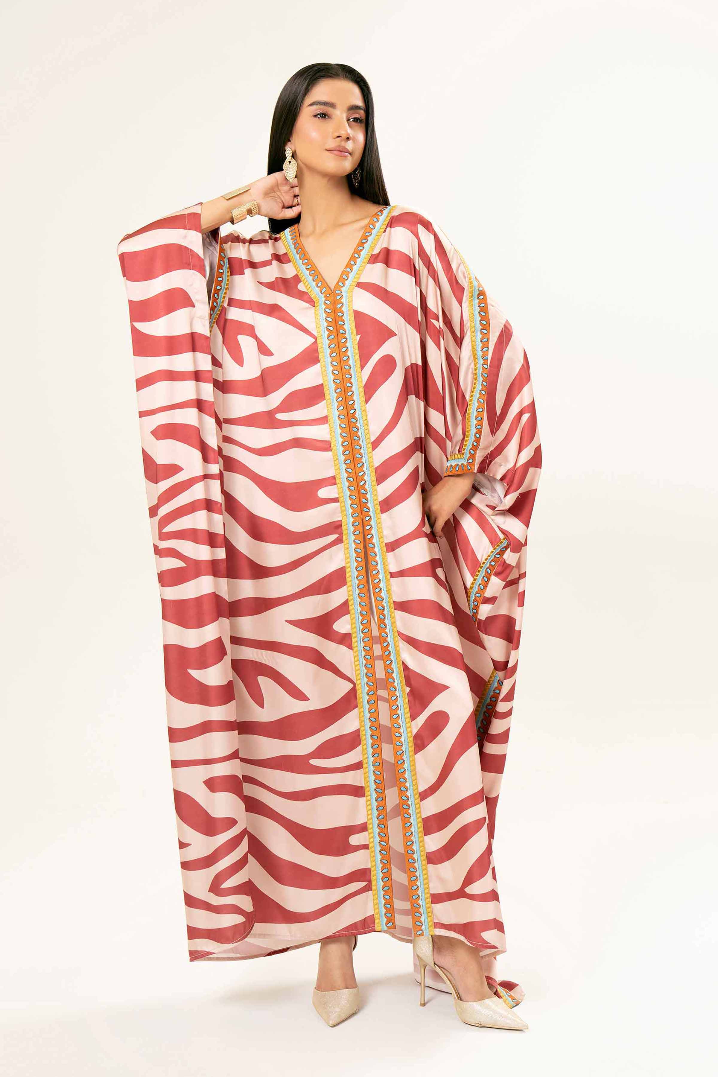 NishatUK - Brown Embroidered  Silk 1-piece ready to wear Kaftan