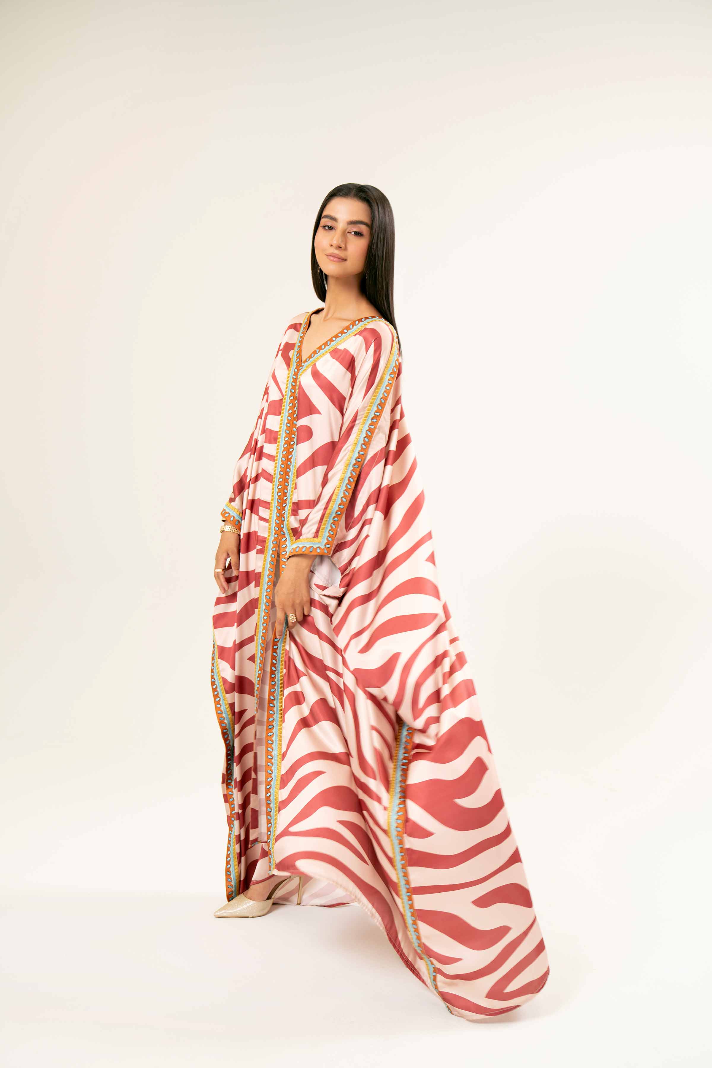 NishatUK - Brown Embroidered  Silk 1-piece ready to wear Kaftan