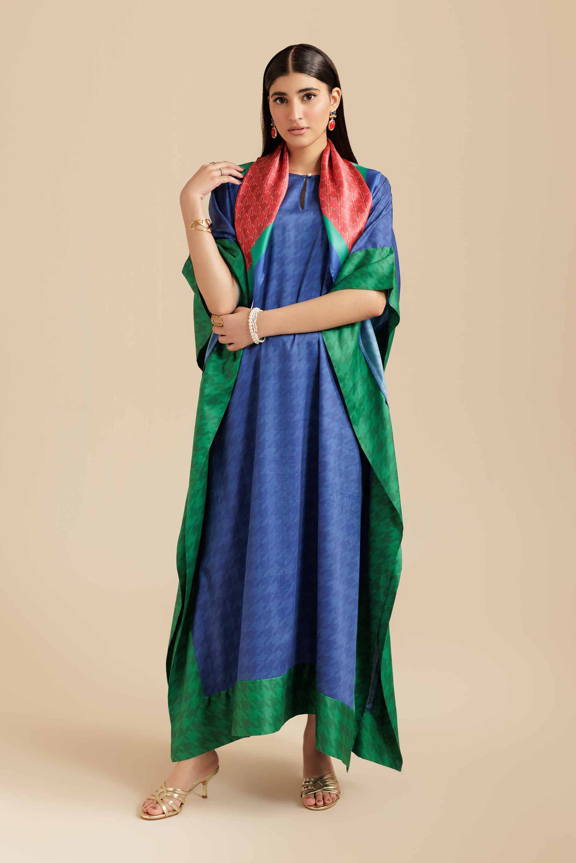 NishatUK - Blue Printed  Satin 2-piece ready to wear Long Dress