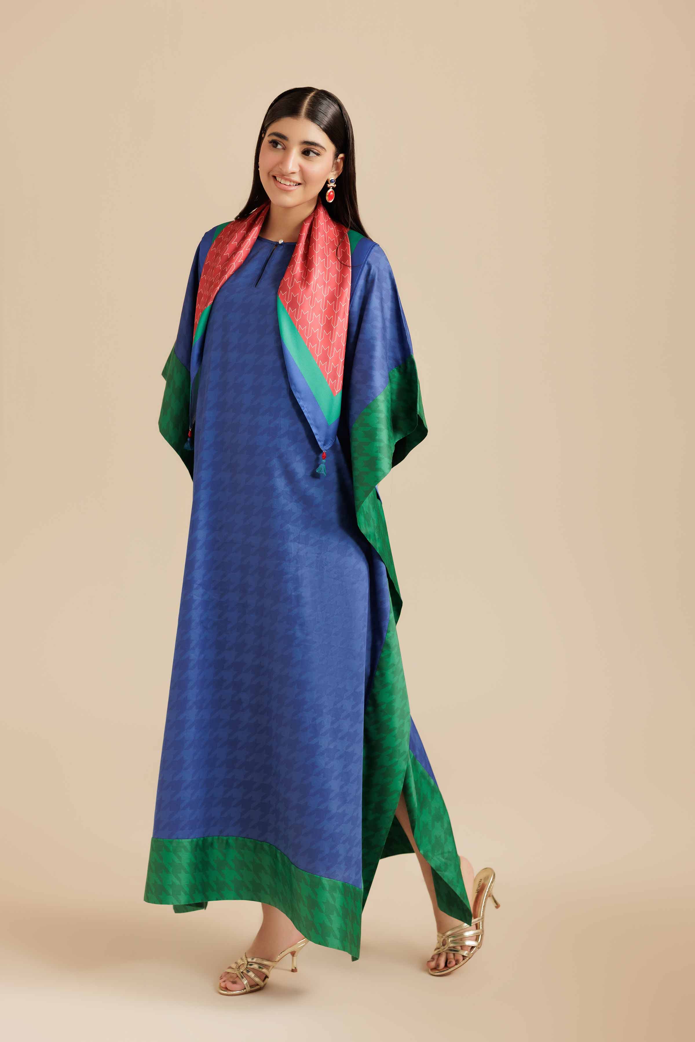 NishatUK - Blue Printed  Satin 2-piece ready to wear Long Dress