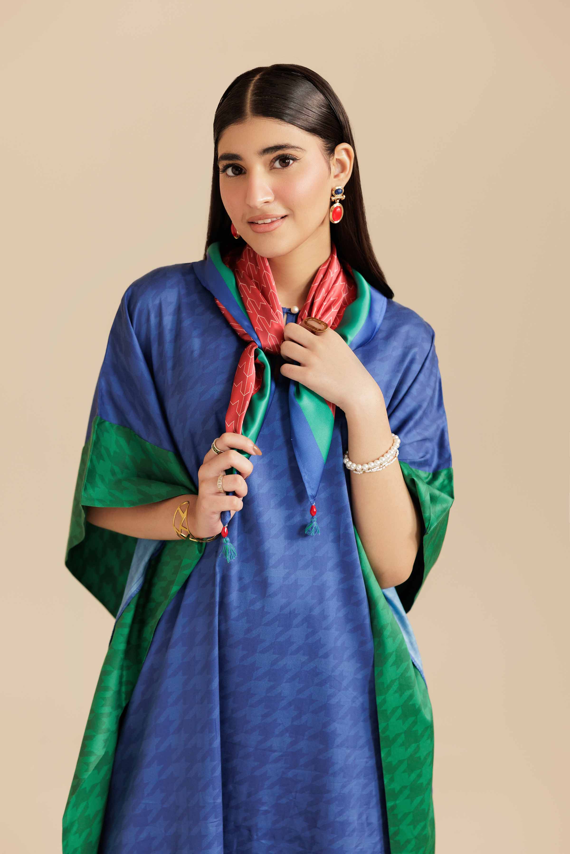 NishatUK - Blue Printed  Satin 2-piece ready to wear Long Dress