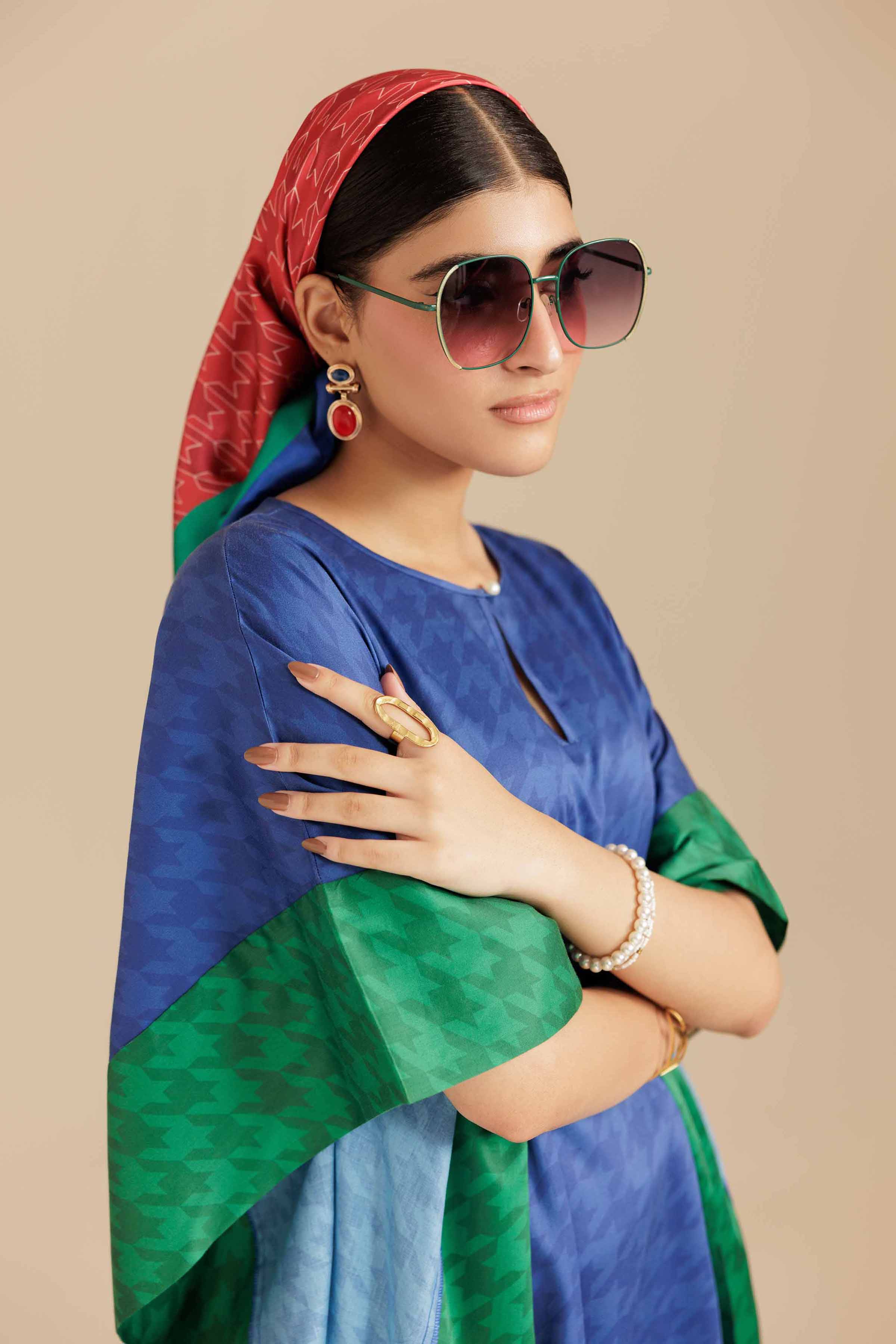 NishatUK - Blue Printed  Satin 2-piece ready to wear Long Dress